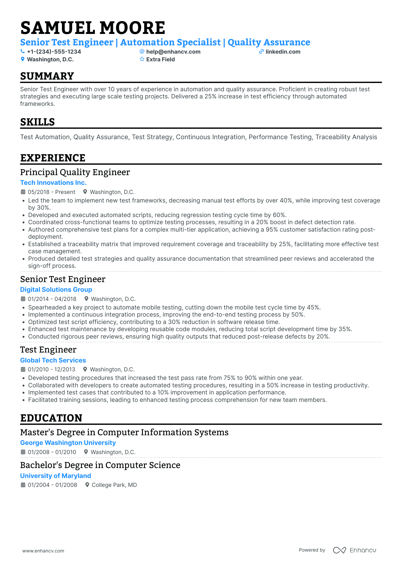 Senior Test Engineer Resume Example