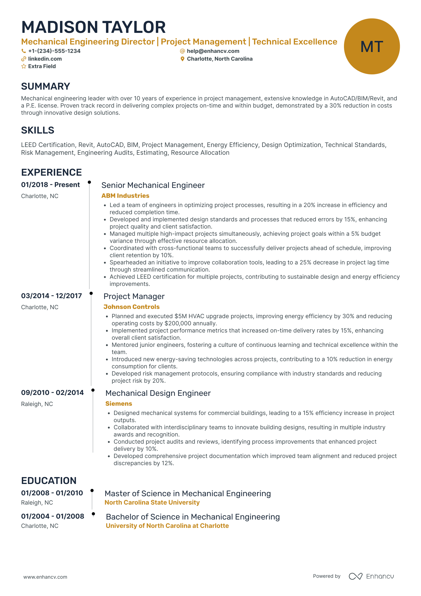 Mechanical Engineering Director Resume Example