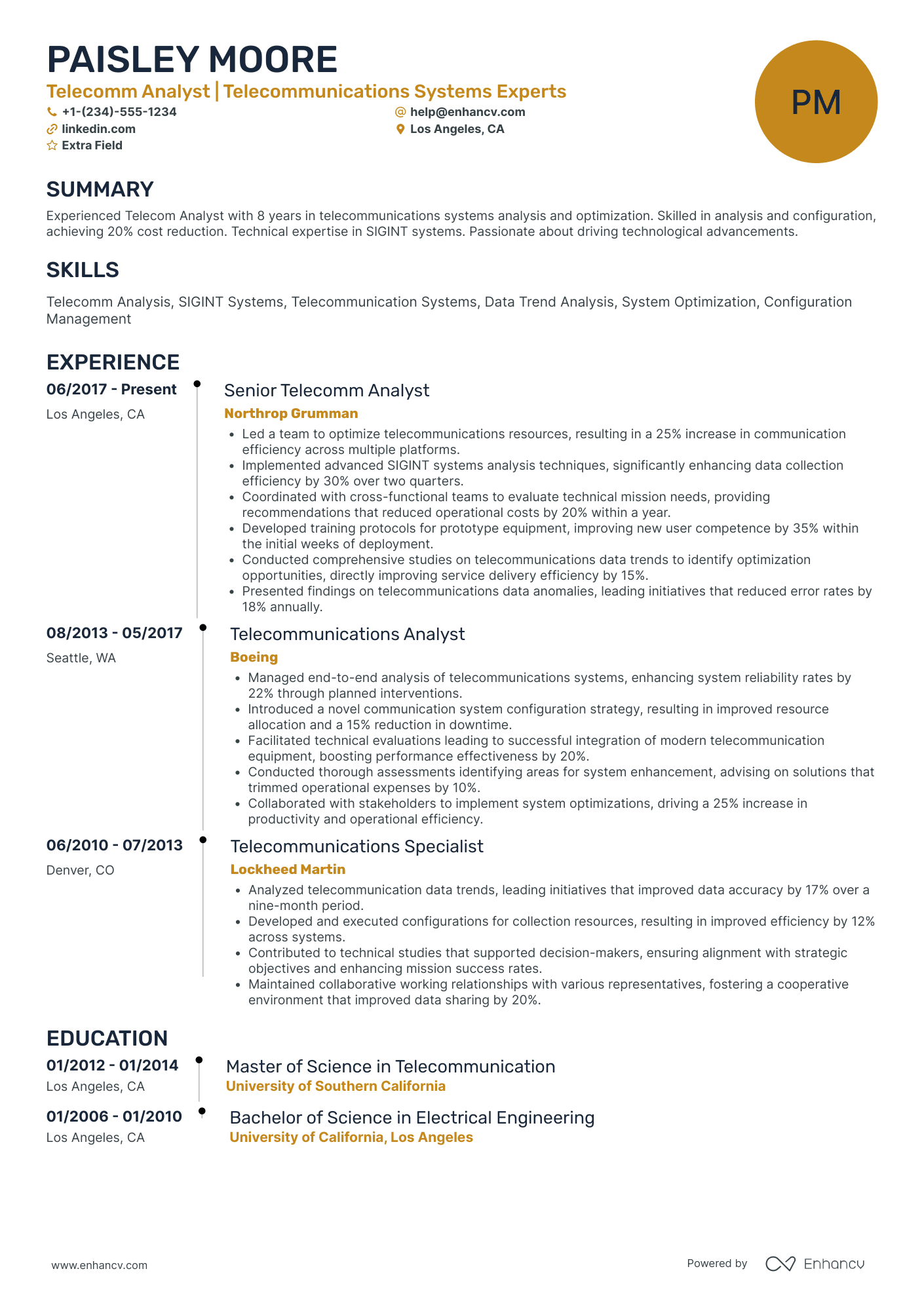 Telecommunications Project Analyst Resume Example