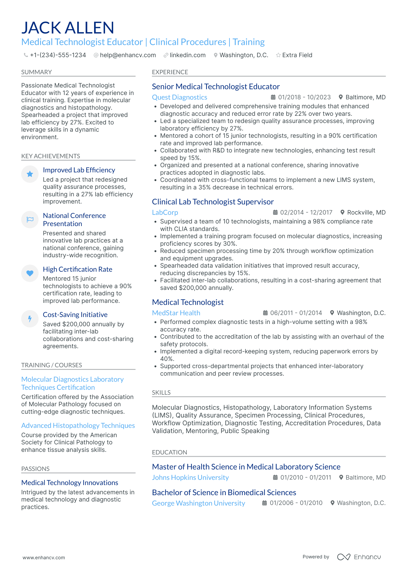 Medical Technologist Educator Resume Example