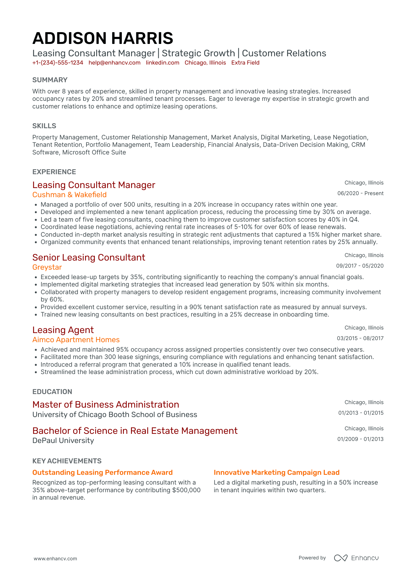 Leasing Consultant Manager Resume Example