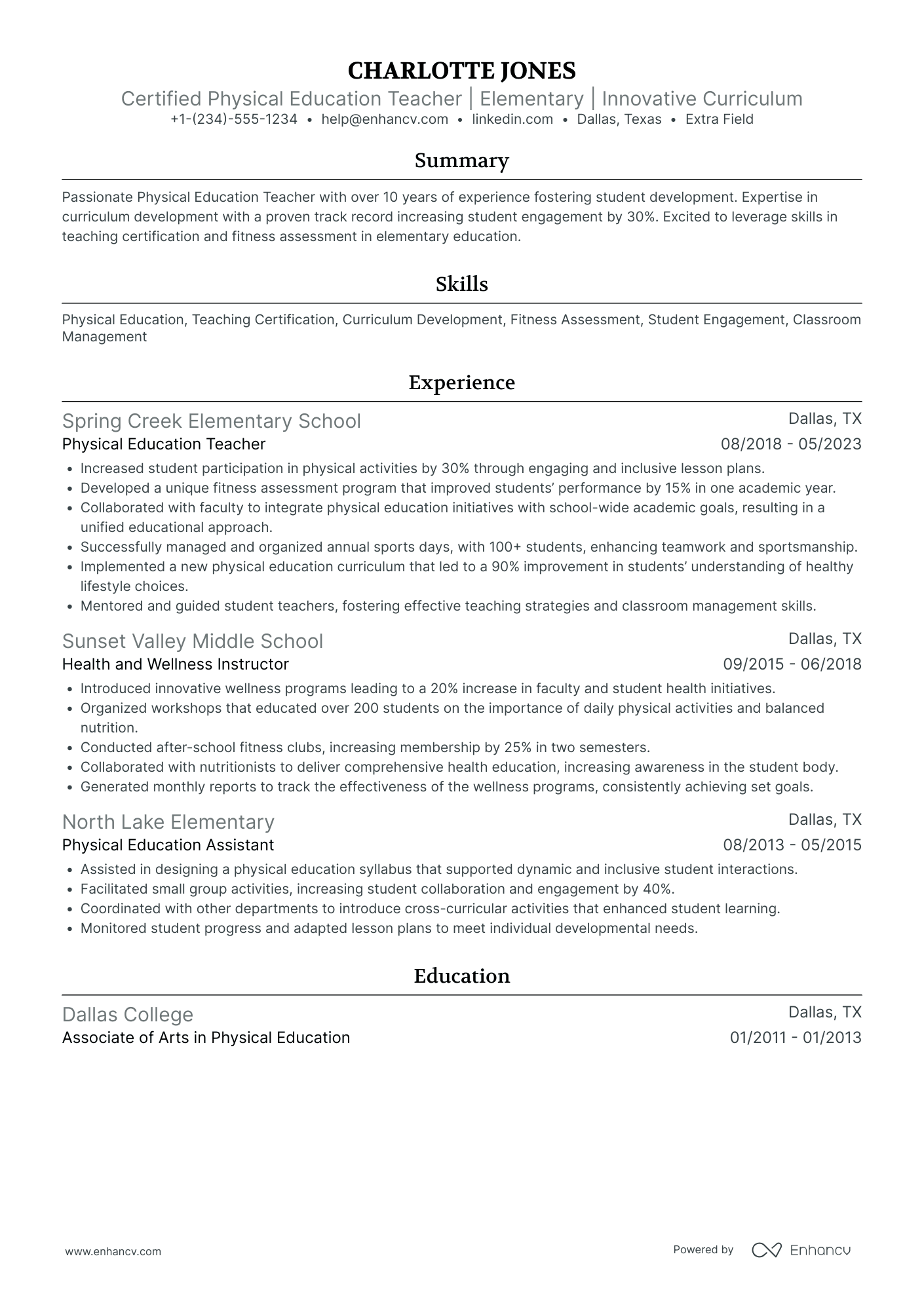 Elementary School Physical Education Teacher Resume Example