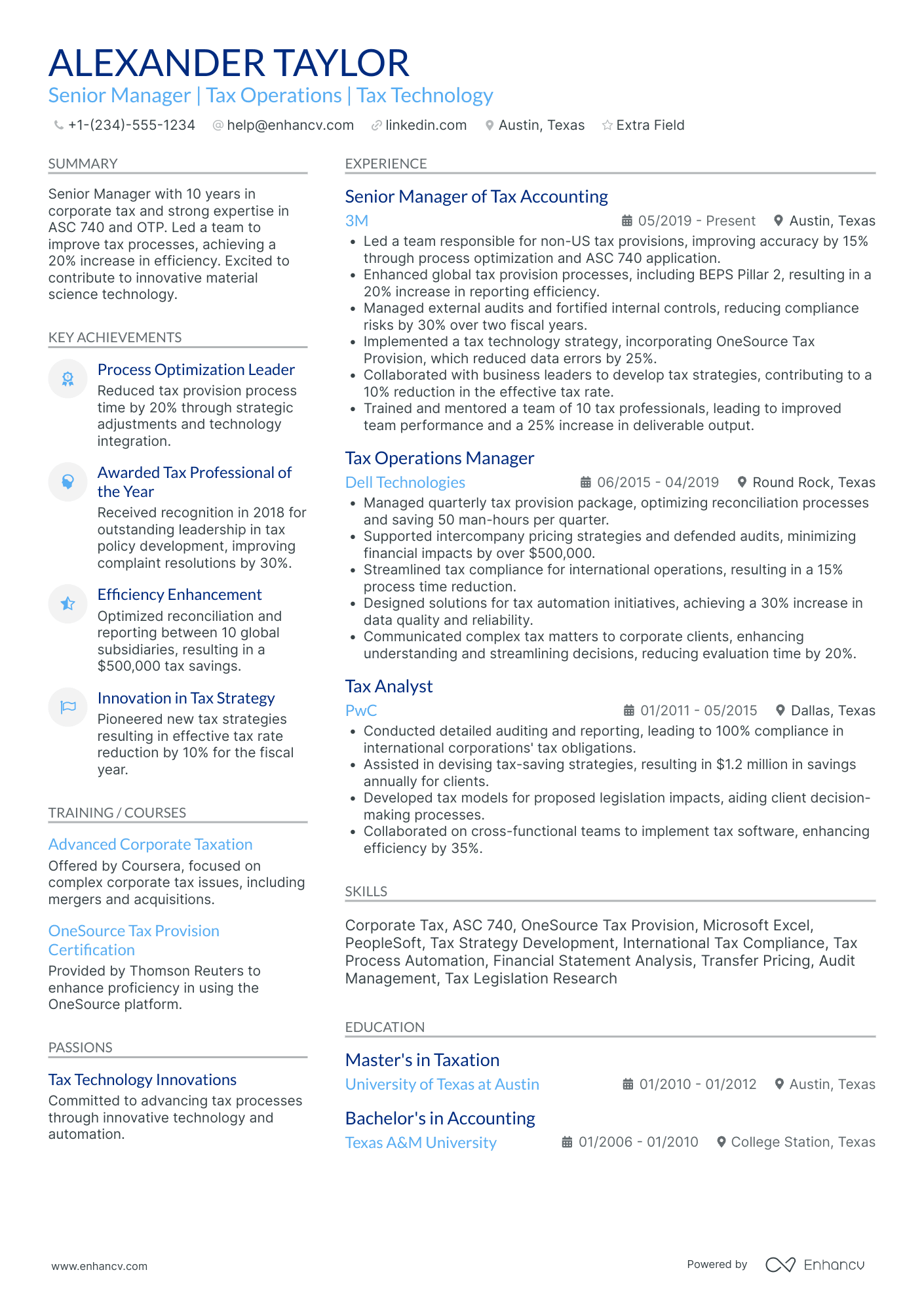 Tax Operations Manager Resume Example