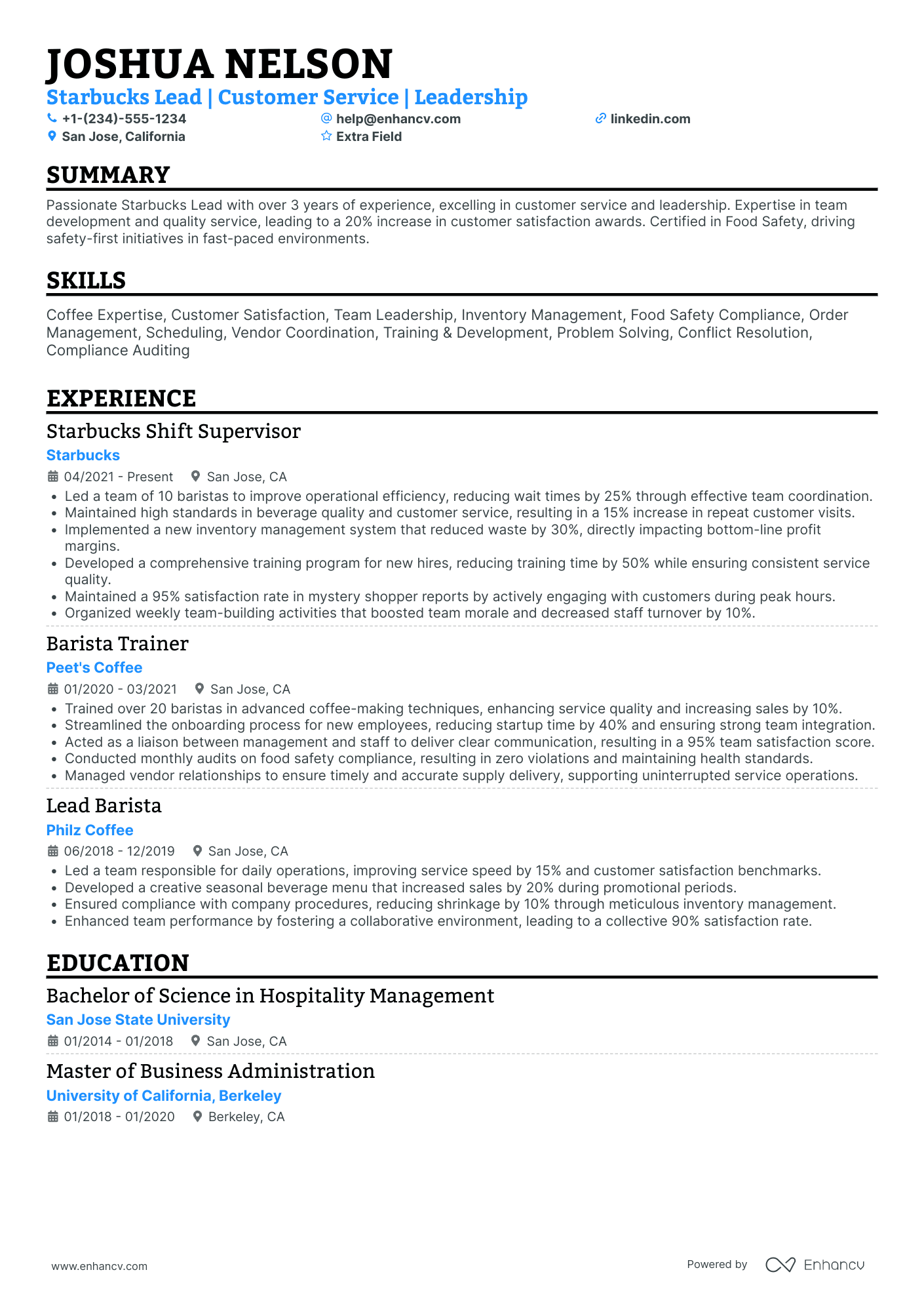 Starbucks Corporate Trainer Resume Example