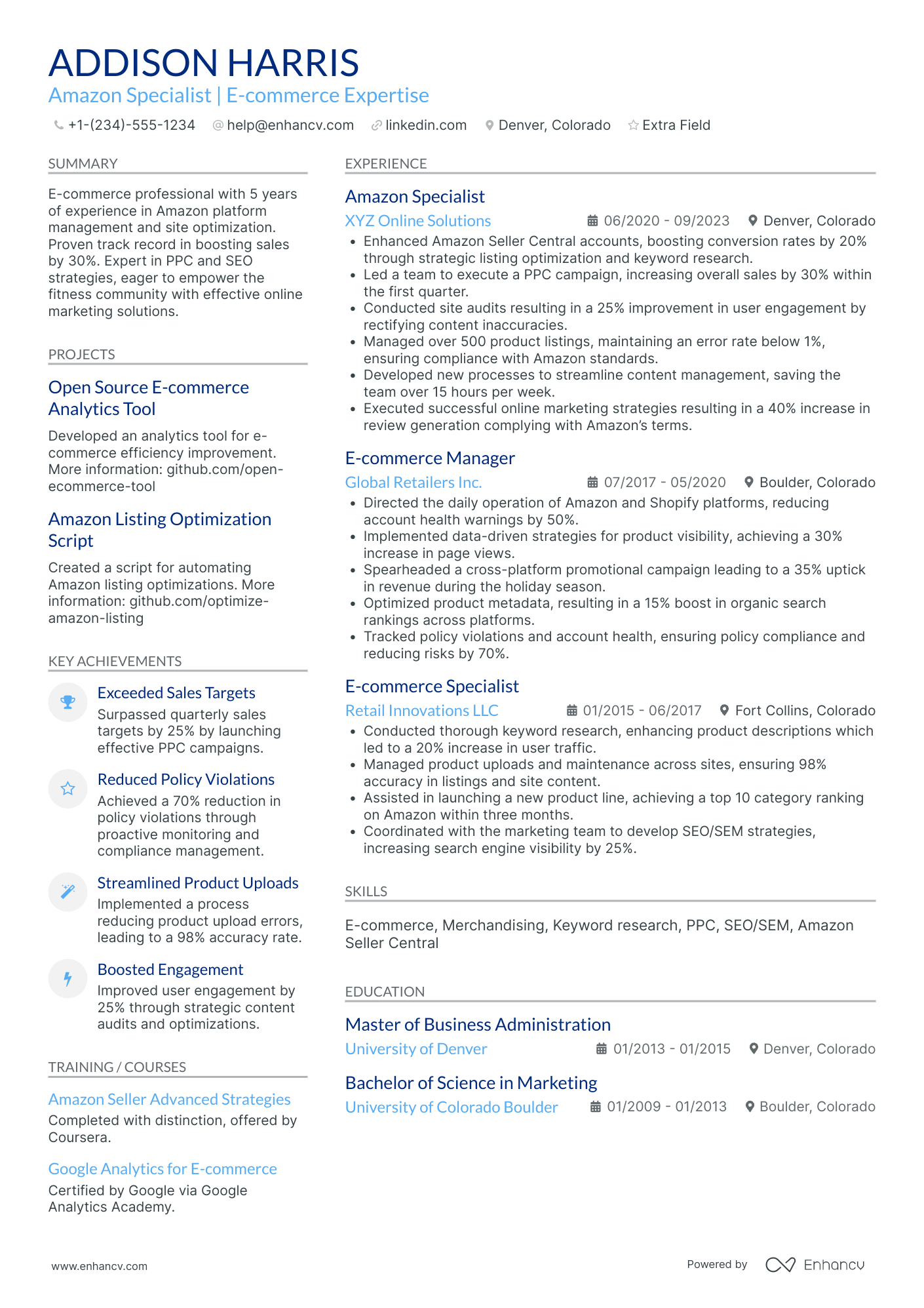 Amazon Marketplace Specialist Resume Example