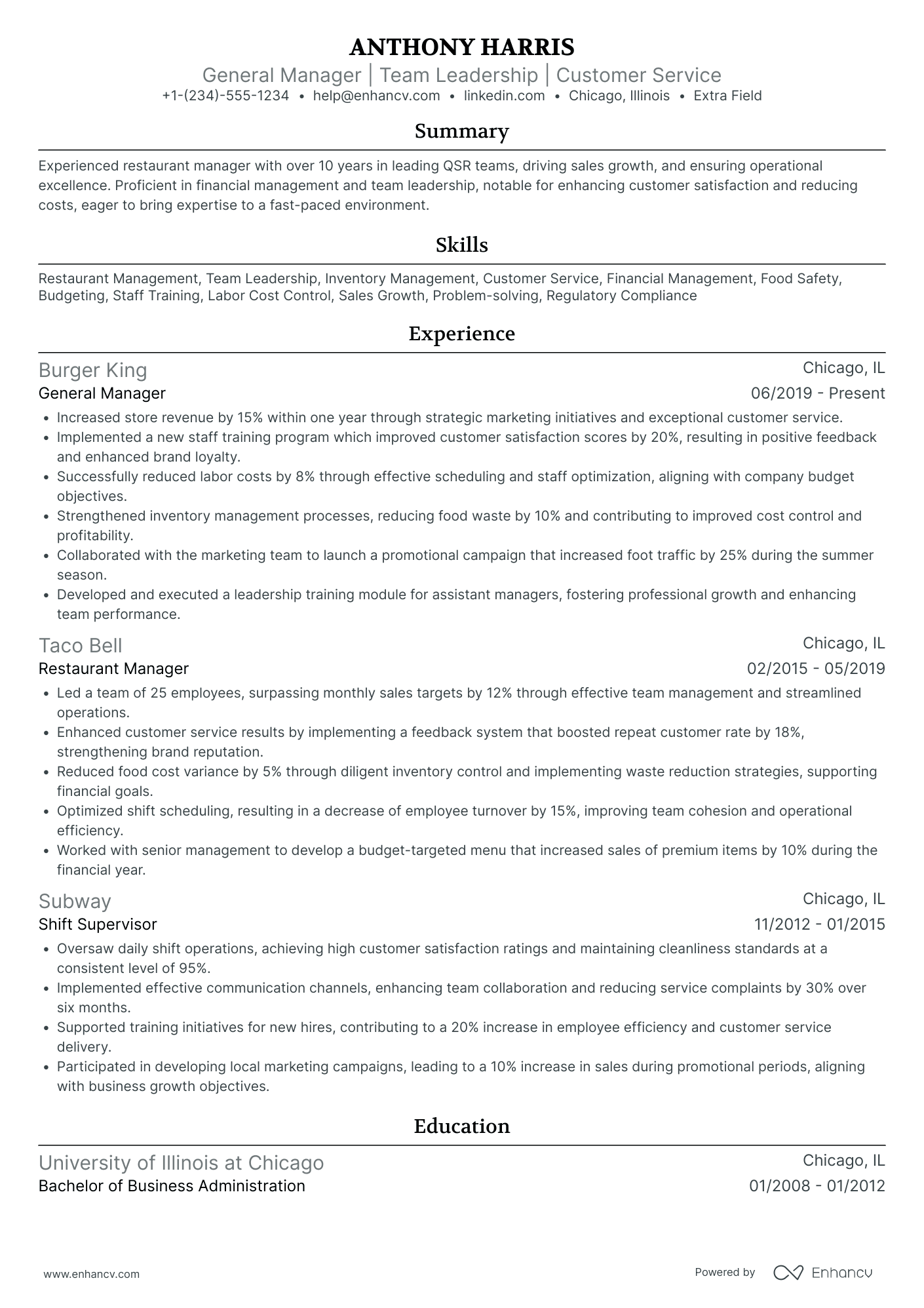 McDonalds Restaurant Manager Resume Example