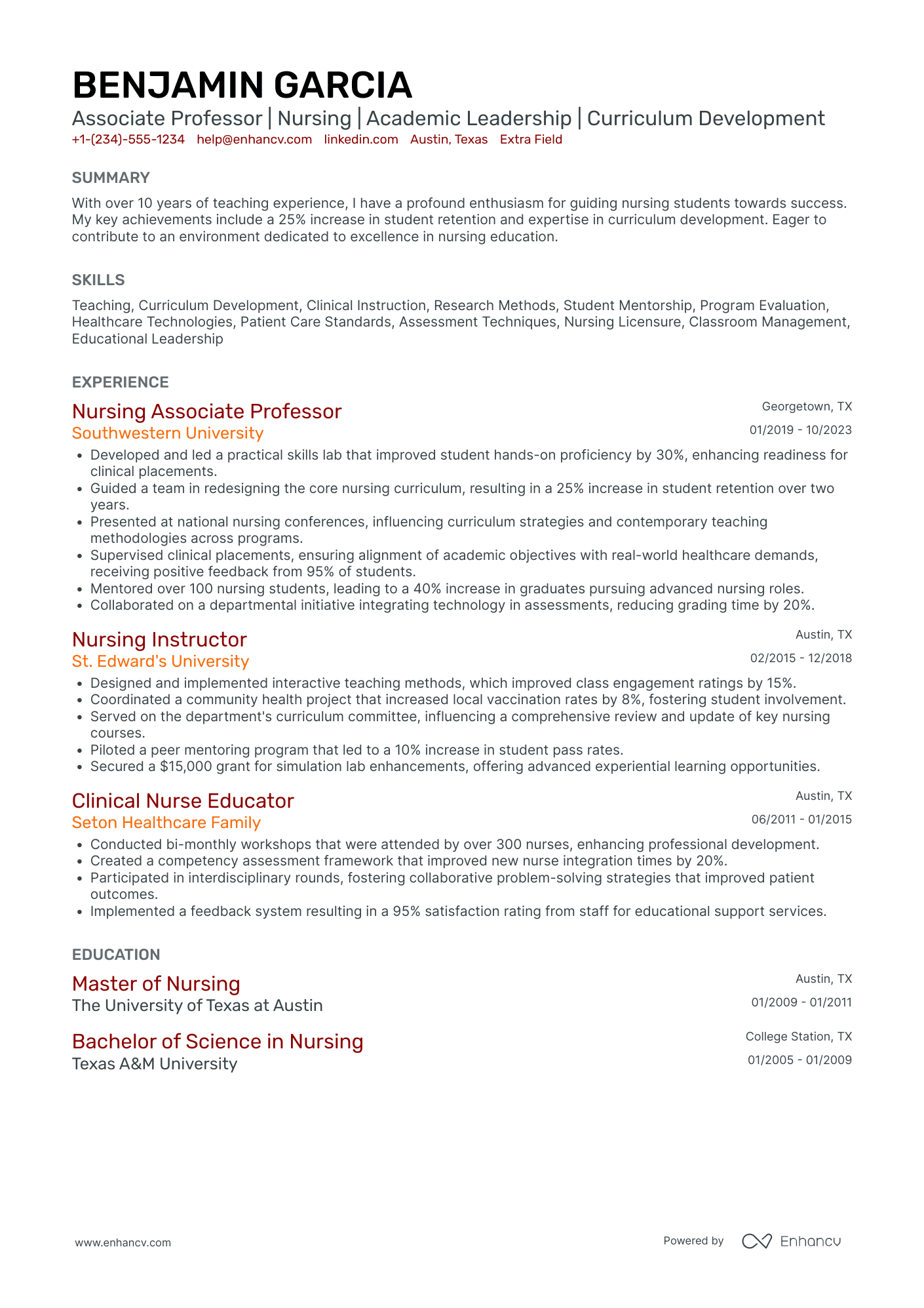 Clinical Professor of Nursing Resume Example