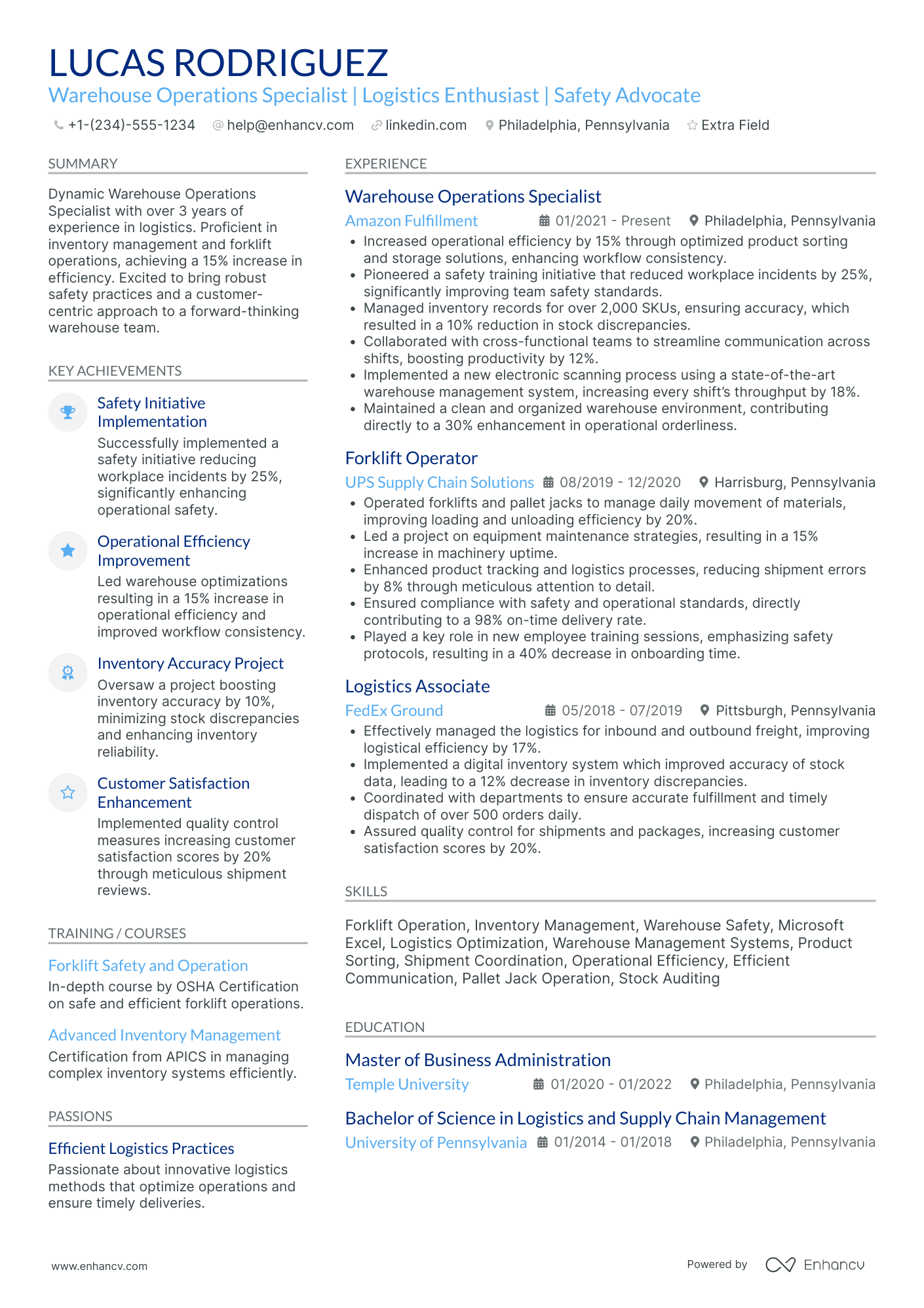 Warehouse Forklift Operator Resume Example