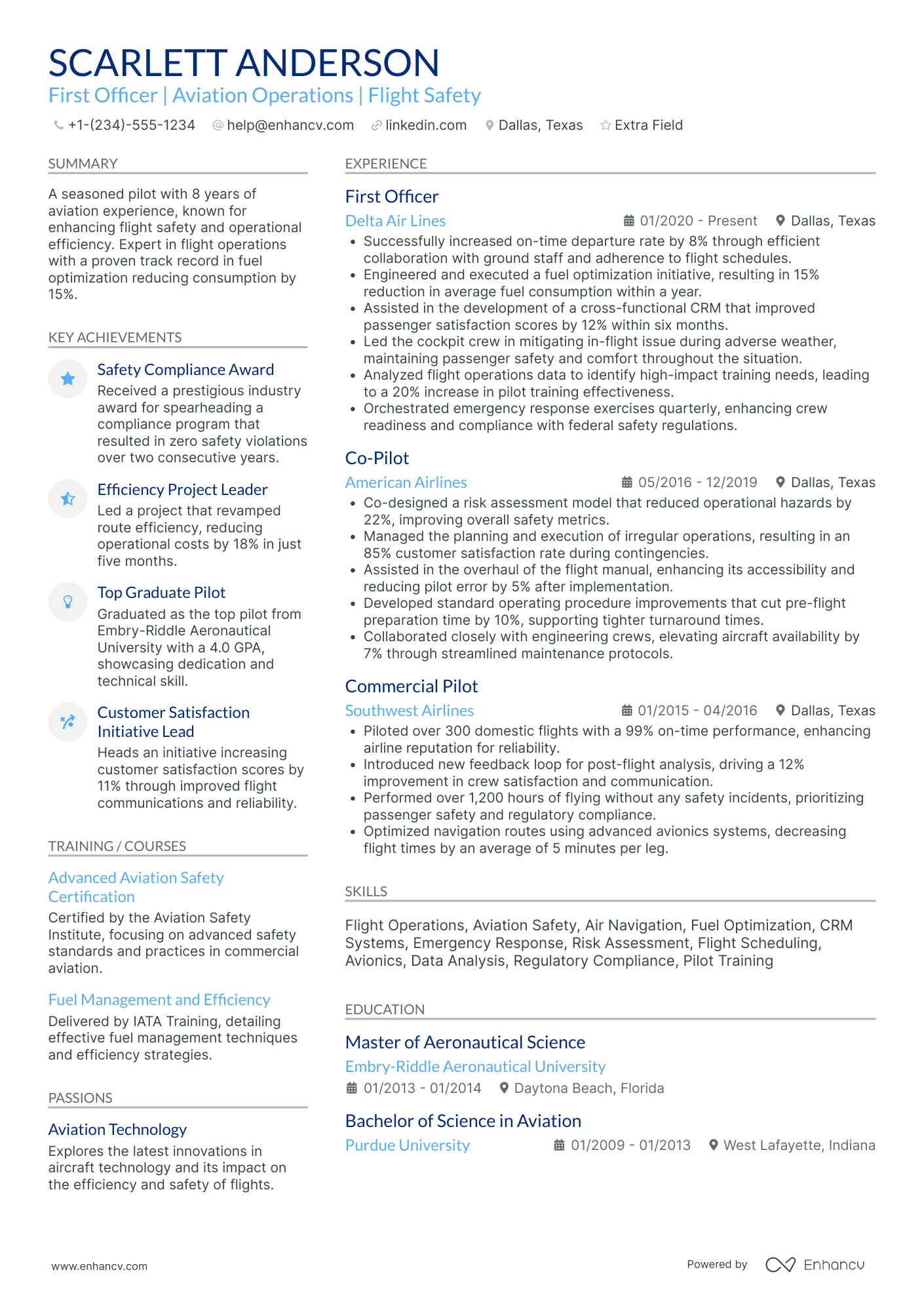 First Officer Airline Pilot Resume Example