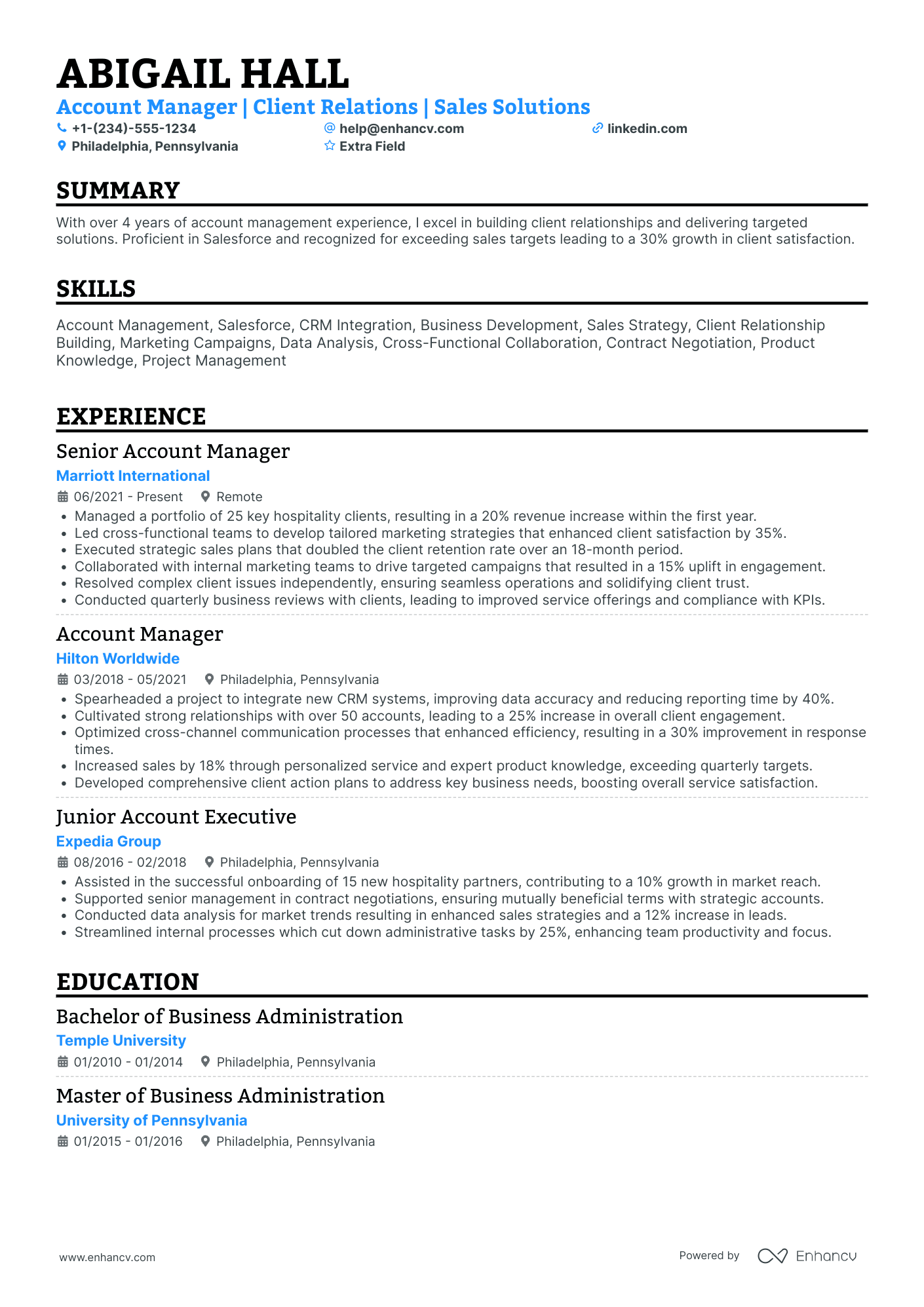 Hospitality Account Manager Resume Example