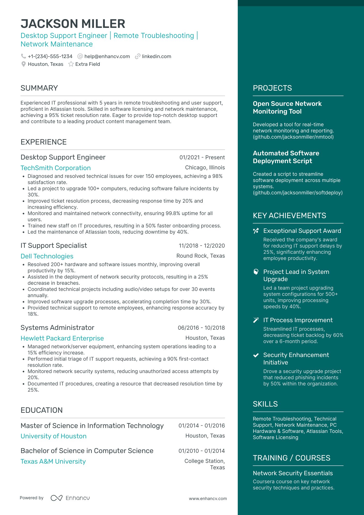 Senior Desktop Support Engineer Resume Example