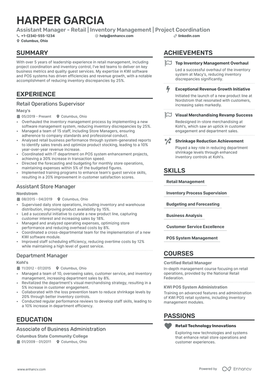 Assistant Manager Retail Resume Example