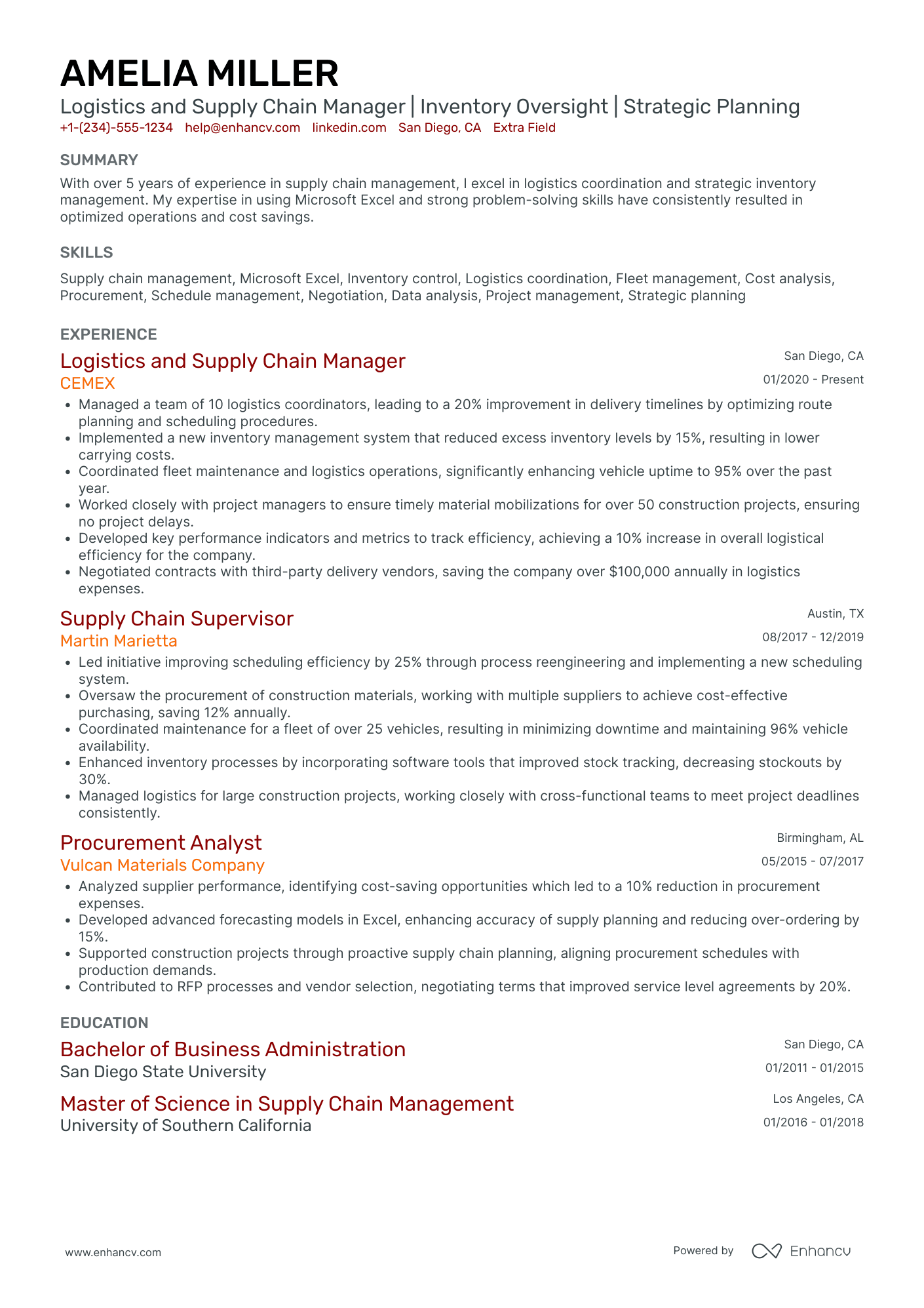 Supply Chain Logistics Manager Resume Example