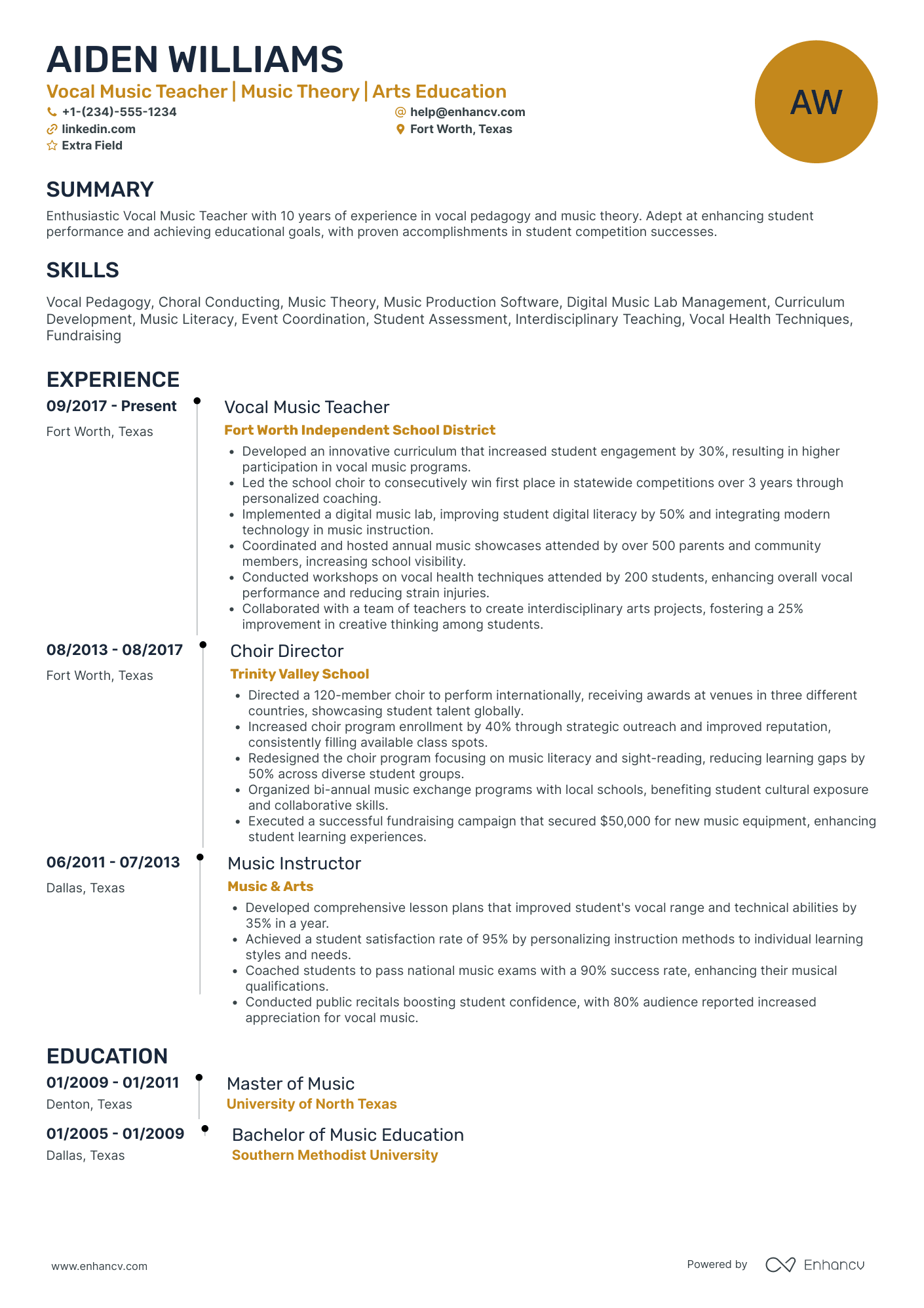 Vocal Music Teacher Resume Example