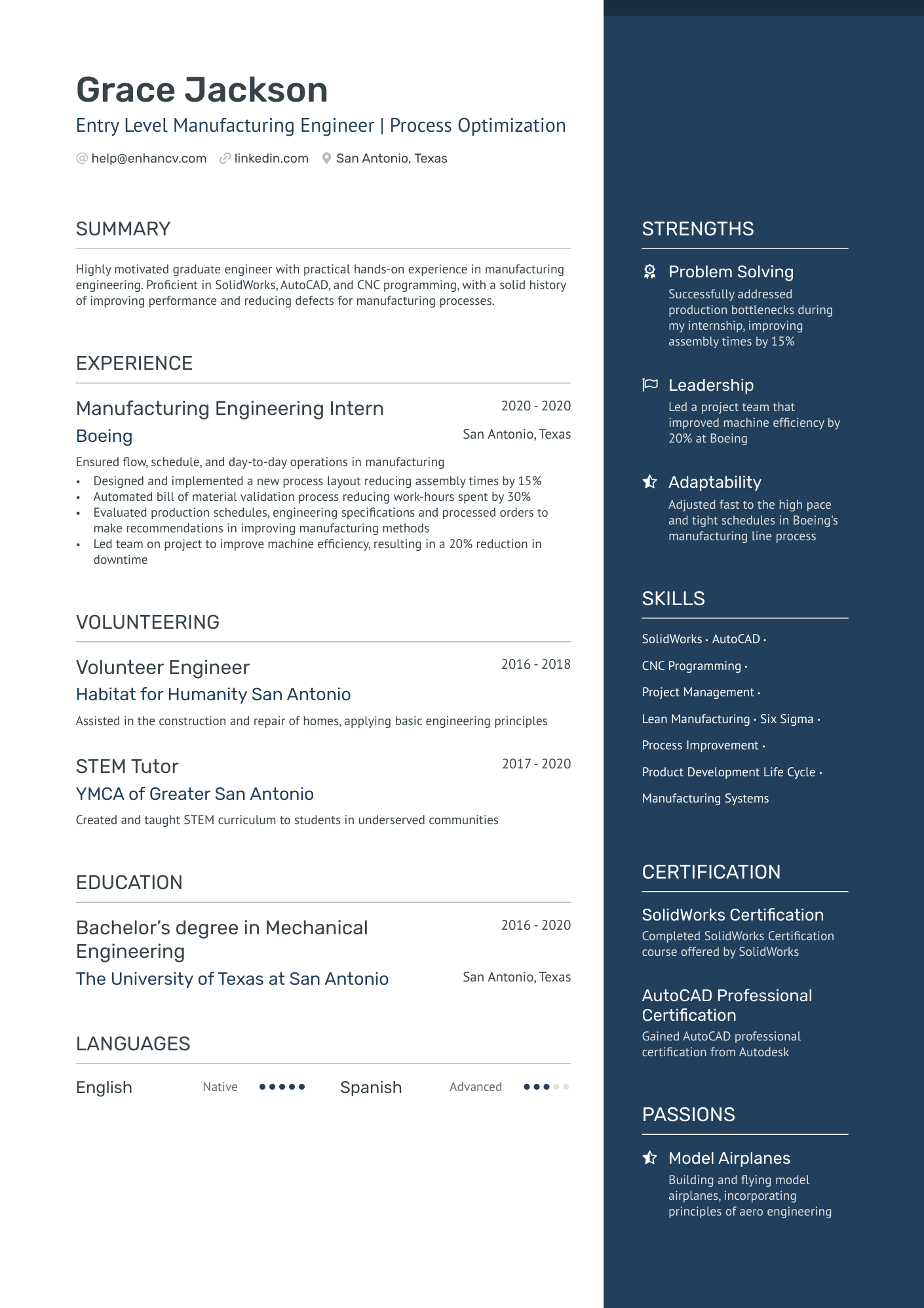 Entry Level Manufacturing Engineer Resume Example