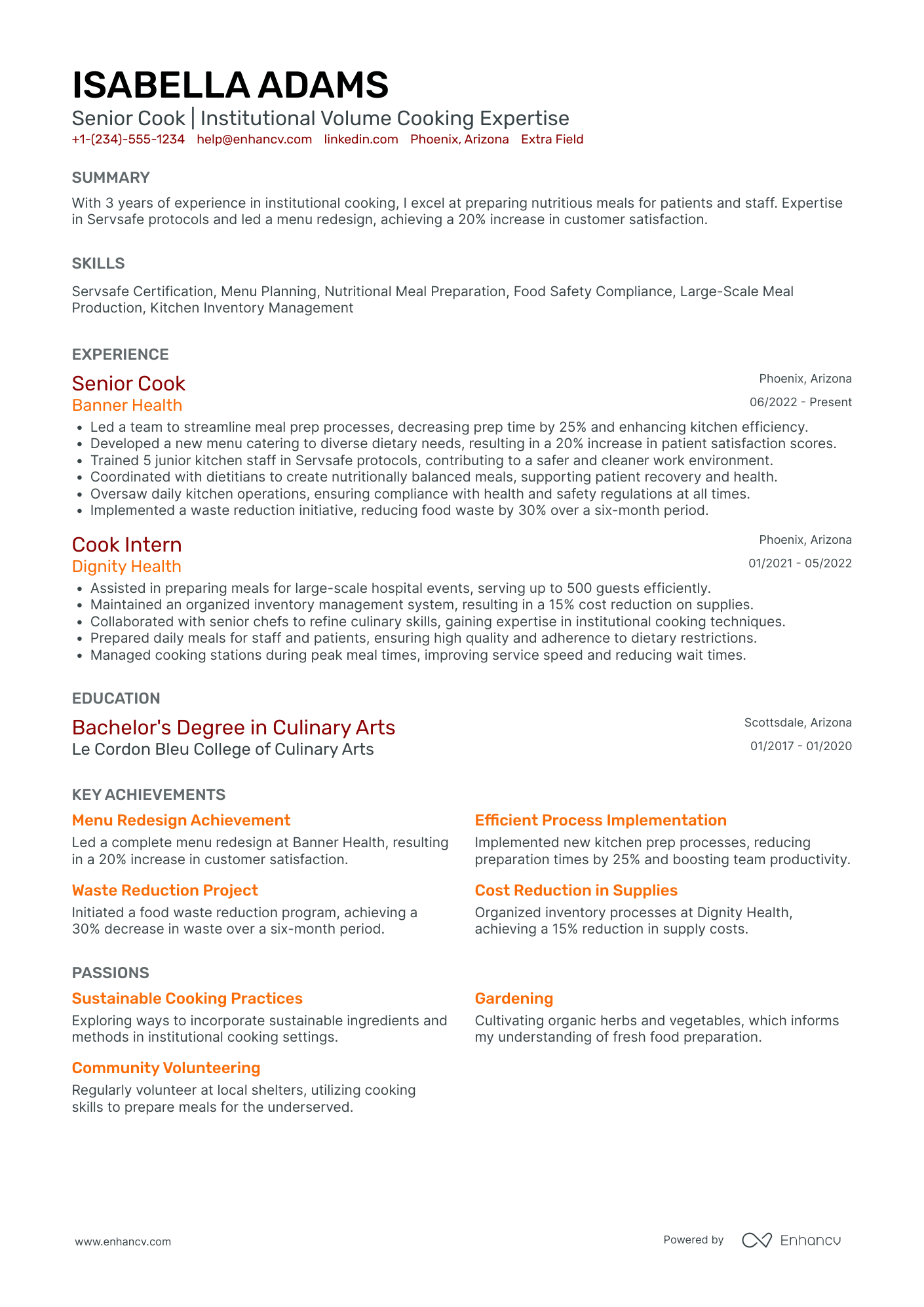 Culinary Assistant Resume Example