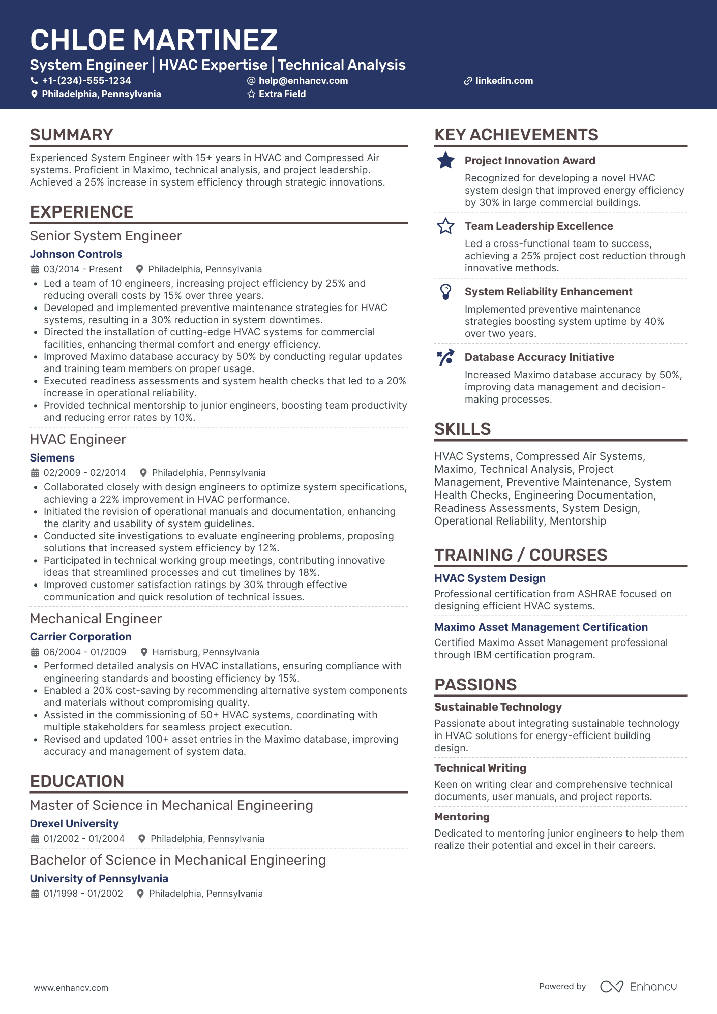 Mechanical HVAC Engineer Resume Example