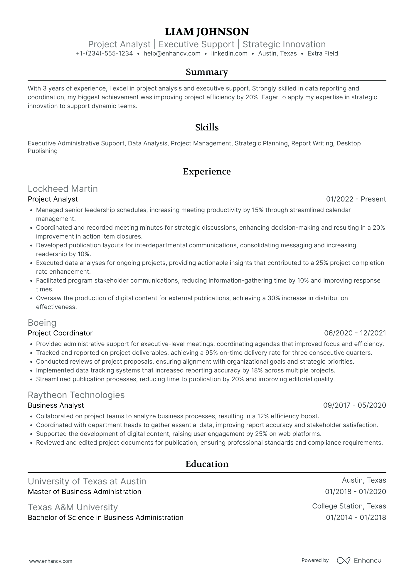 Finance Project Analyst Resume Example