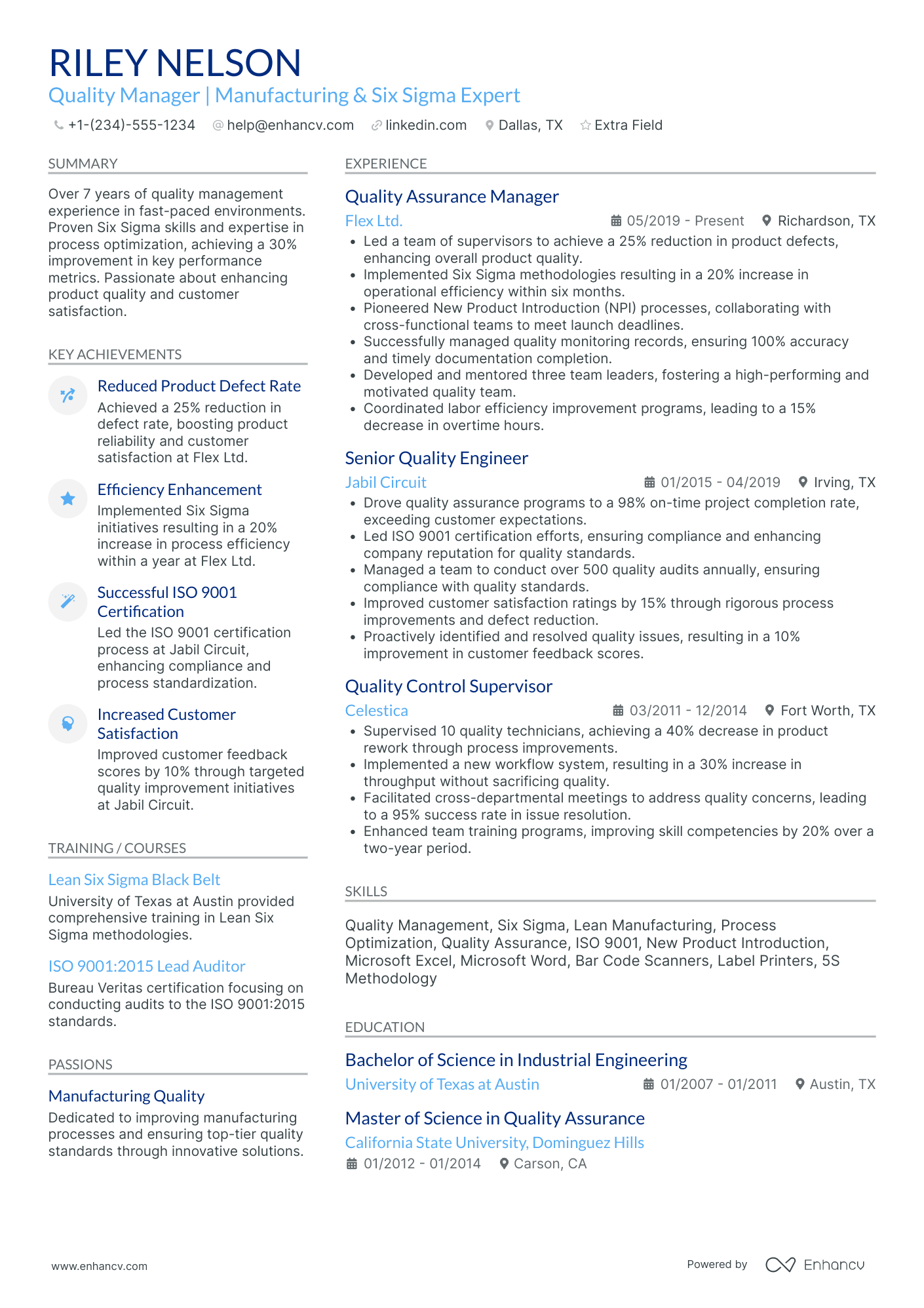 Manufacturing Quality Control Manager Resume Example