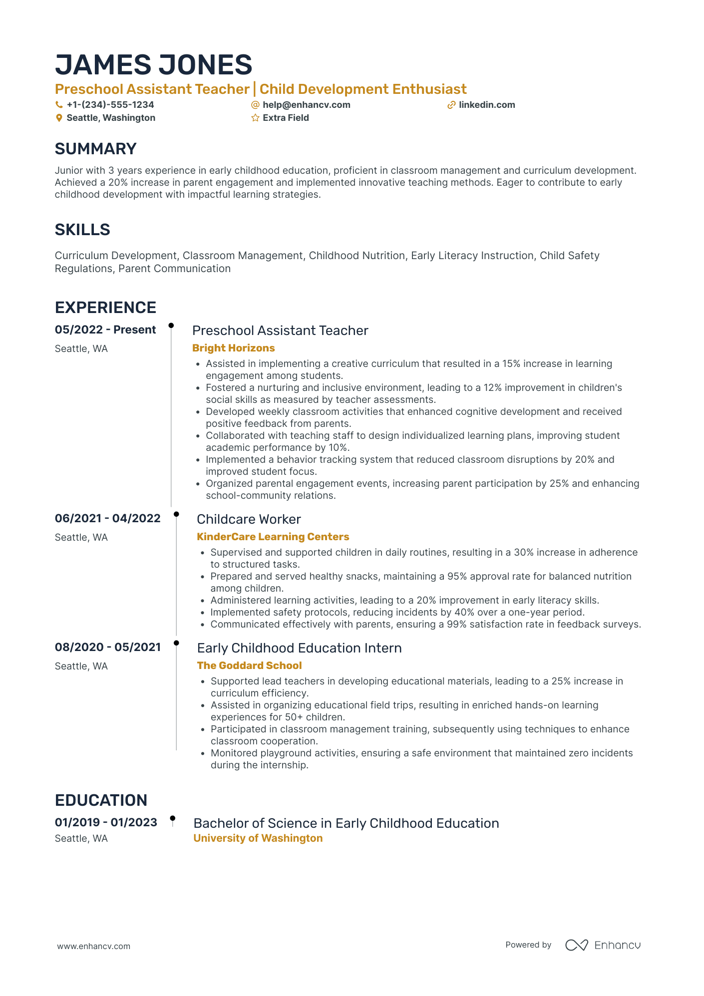 Preschool Assistant Teacher Intern Resume Example