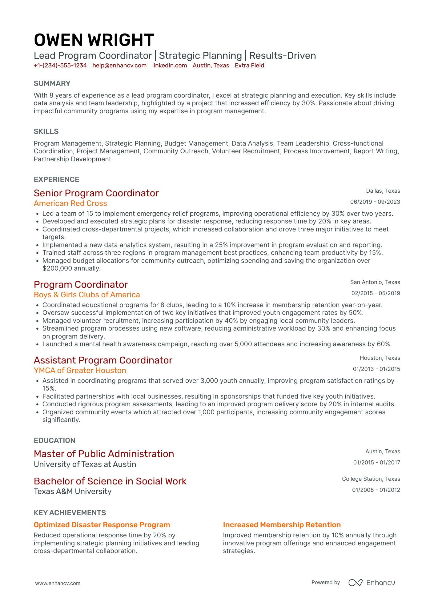 Lead Program Coordinator Resume Example