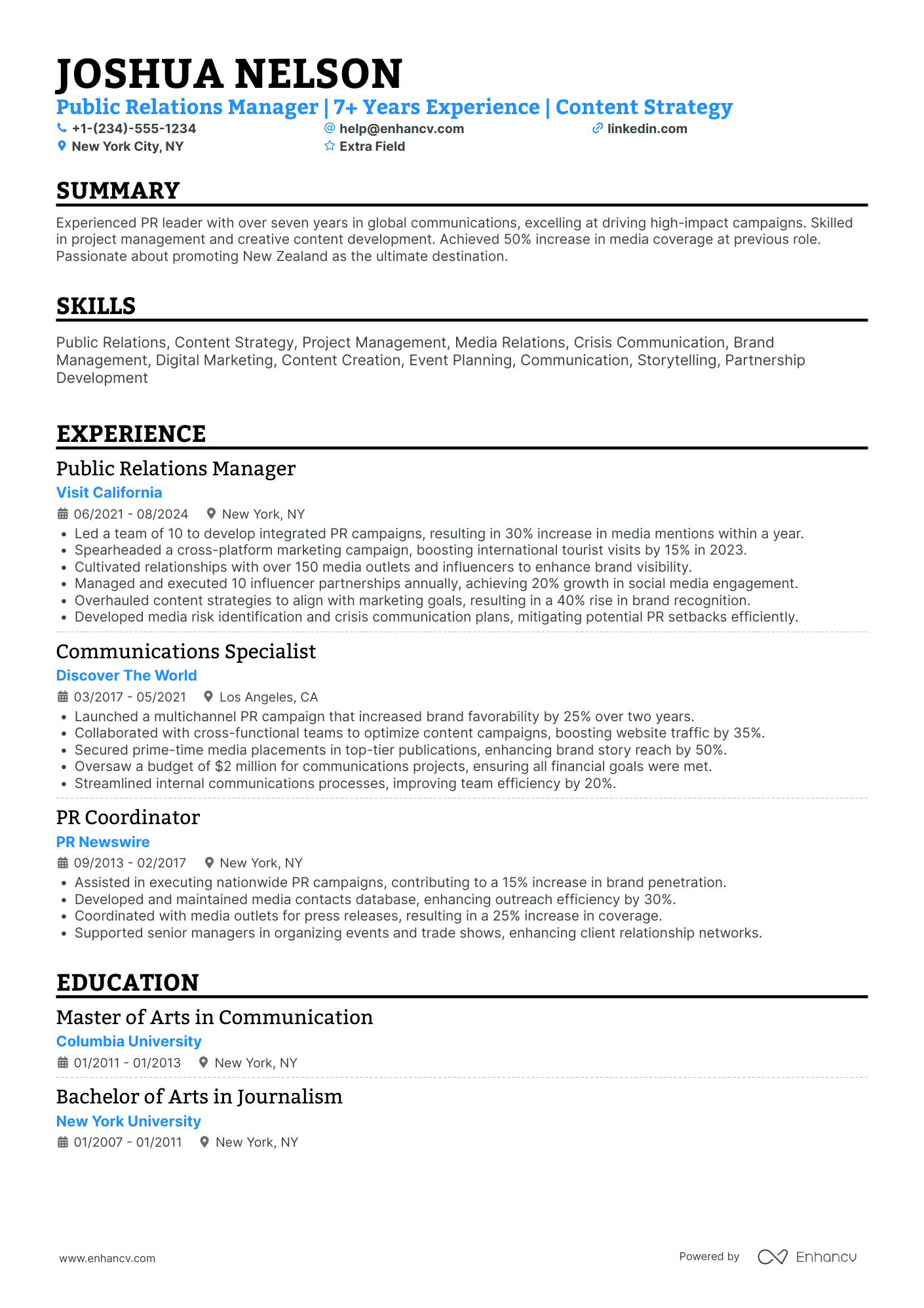 Communication and Public Relations Manager Resume Example