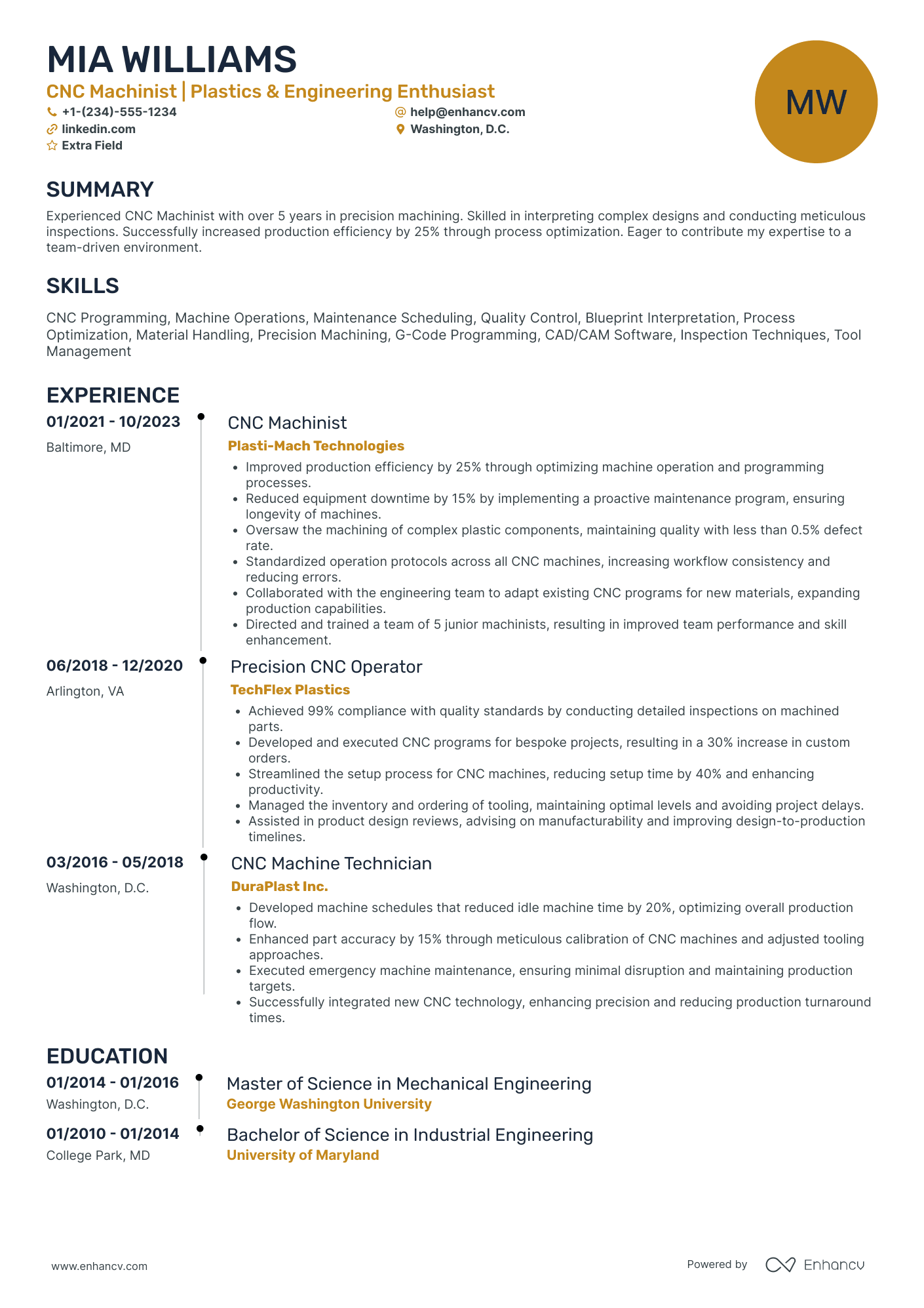 CNC Machinist Trainee Resume Example