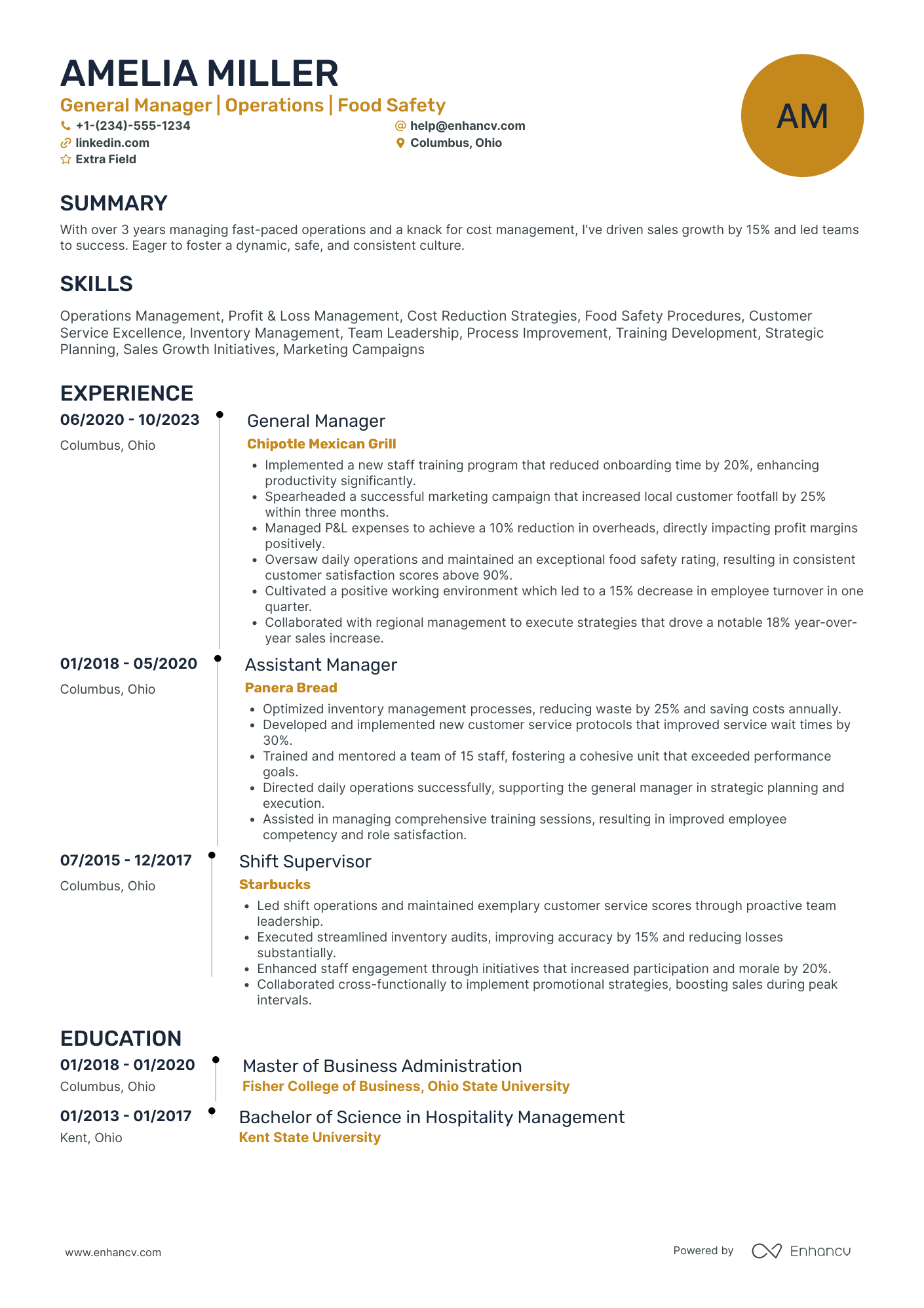 Fast Food General Manager Resume Example