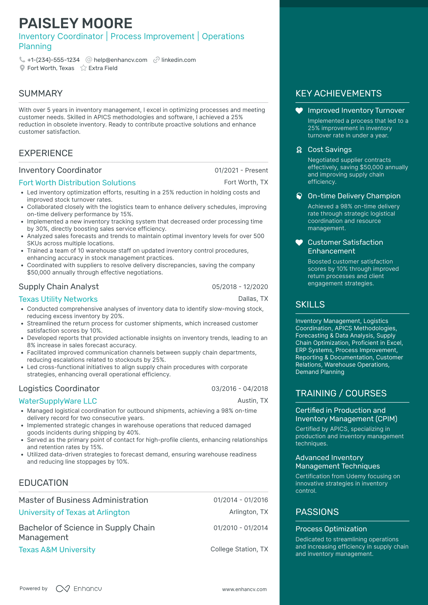 Inventory Logistics Coordinator Resume Example