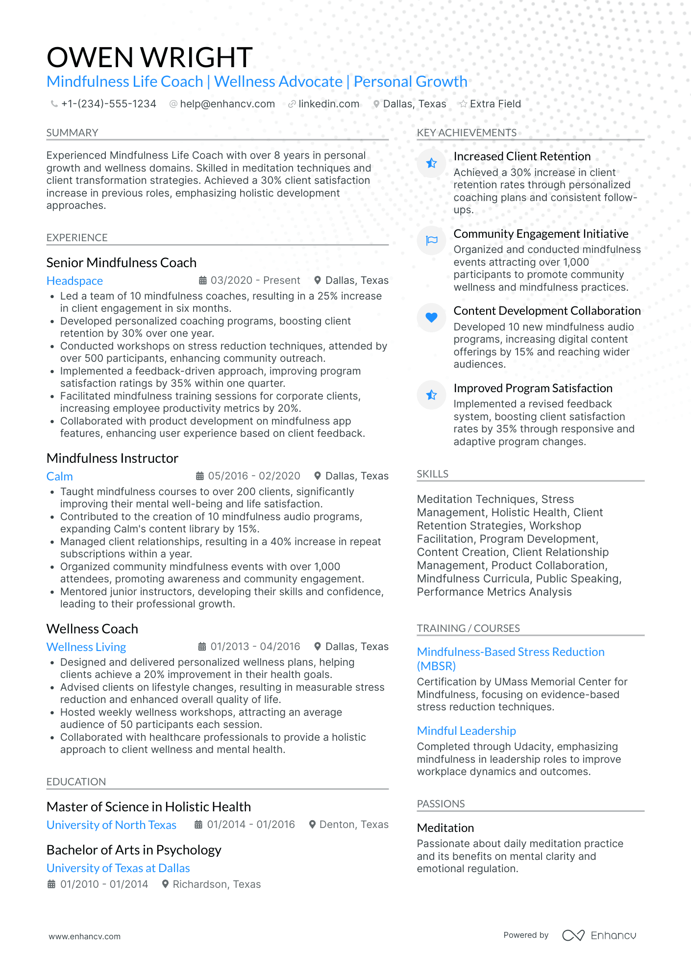 Mindfulness Life Coach Resume Example