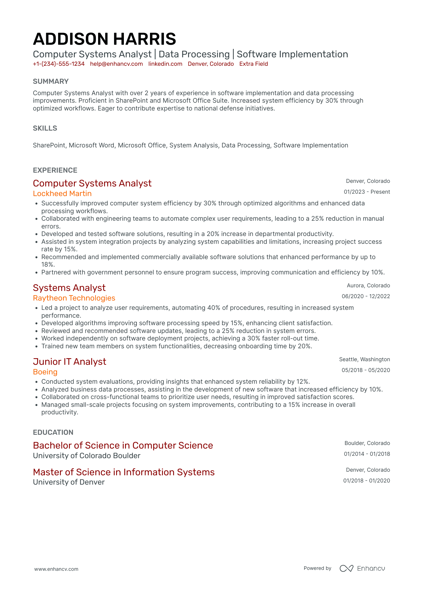 Computer System Analyst Resume Example