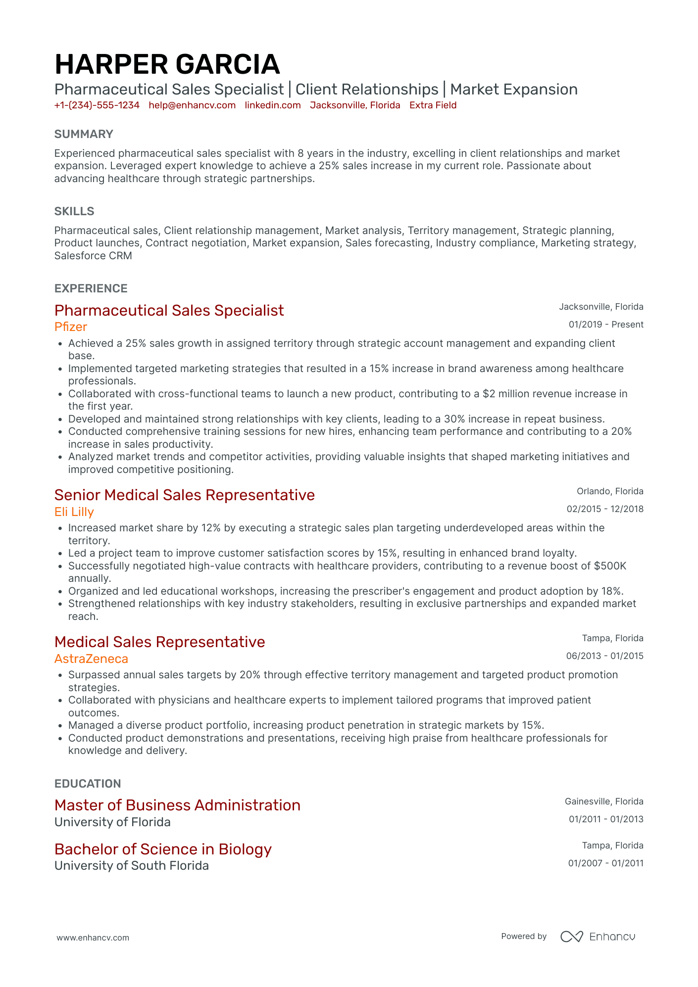 Pharmaceutical Sales Specialist Resume Example