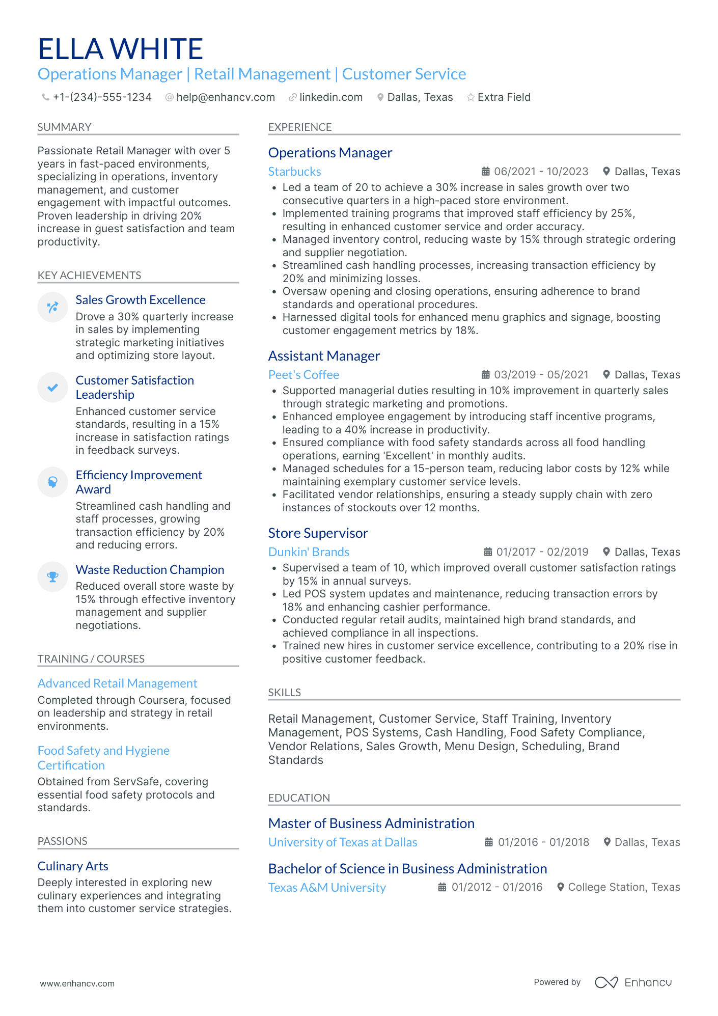 Starbucks Training Manager Resume Example