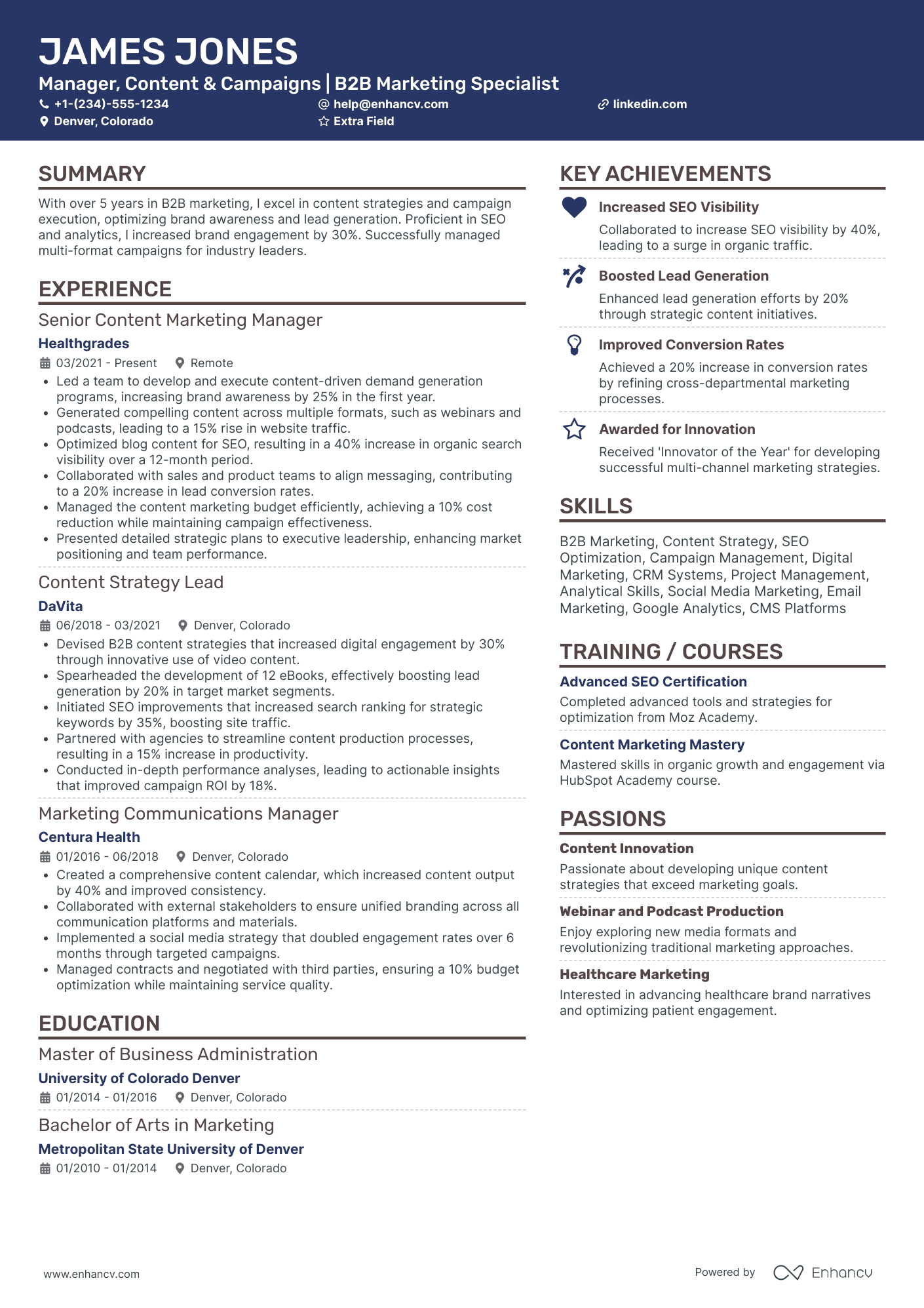 Content Marketing Team Lead Resume Example