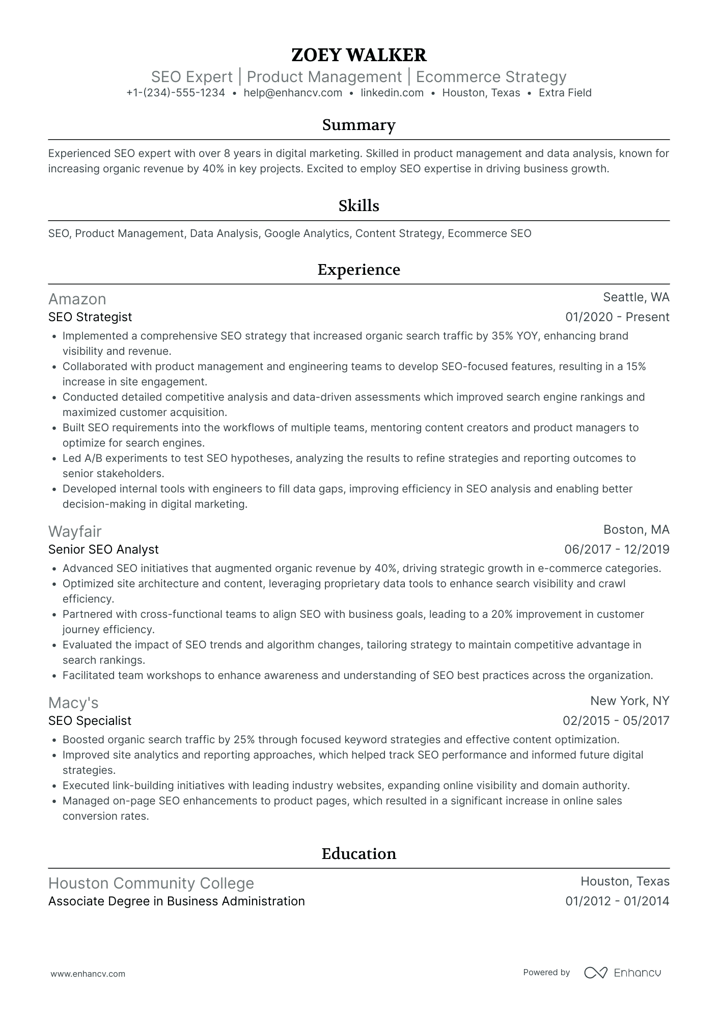 Assistant SEO Manager Resume Example