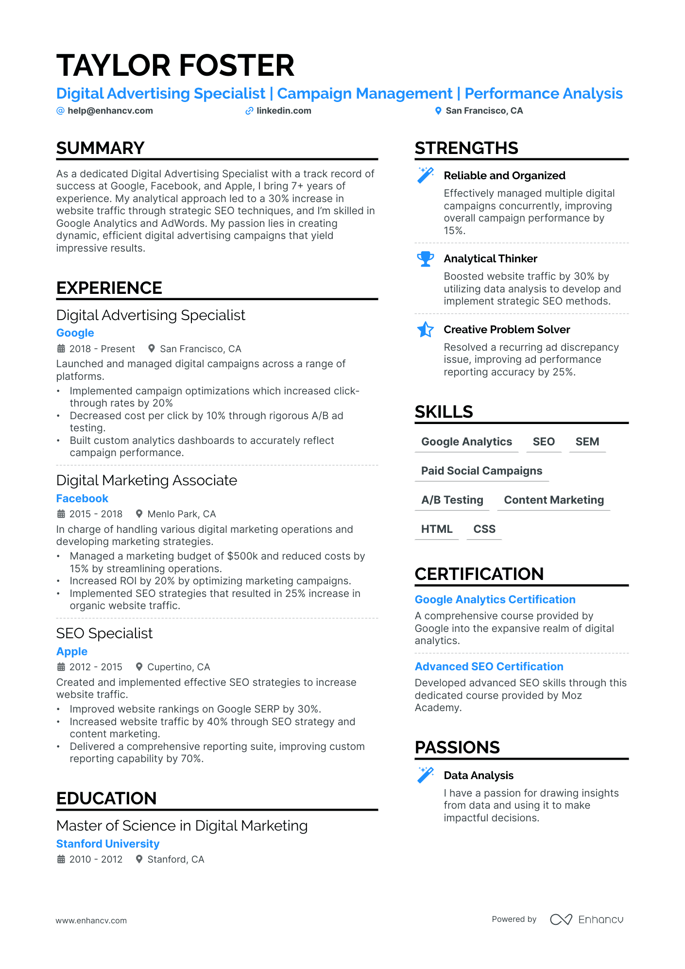 Digital Advertising Resume Example