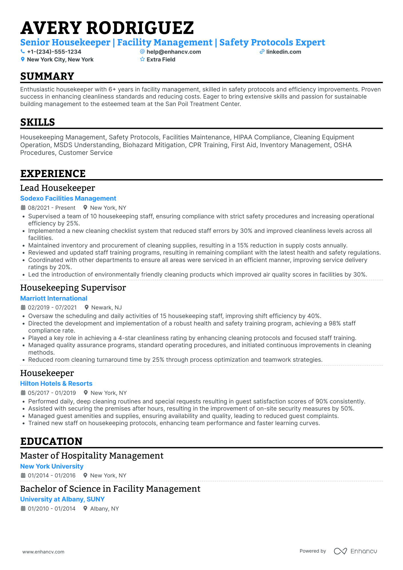 Head Housekeeper Resume Example