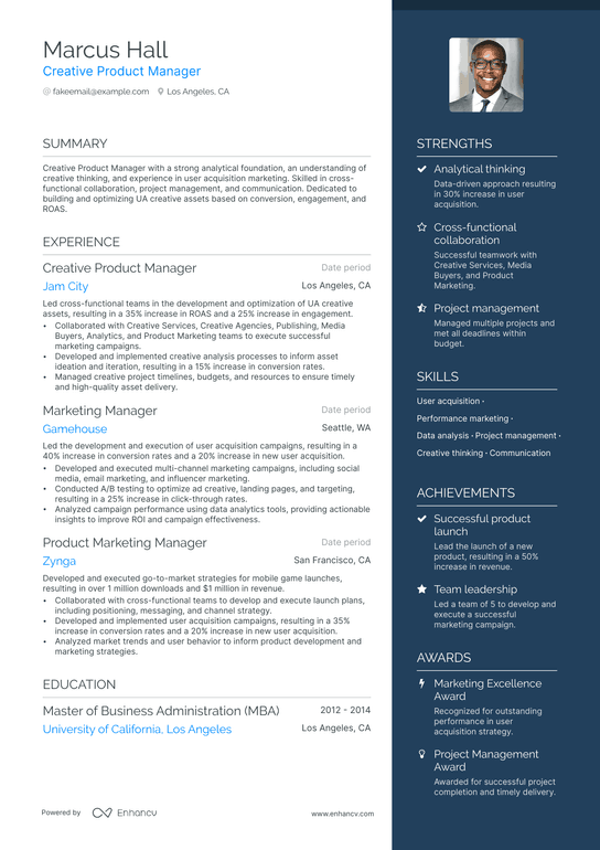 Creative Product Manager Resume Example