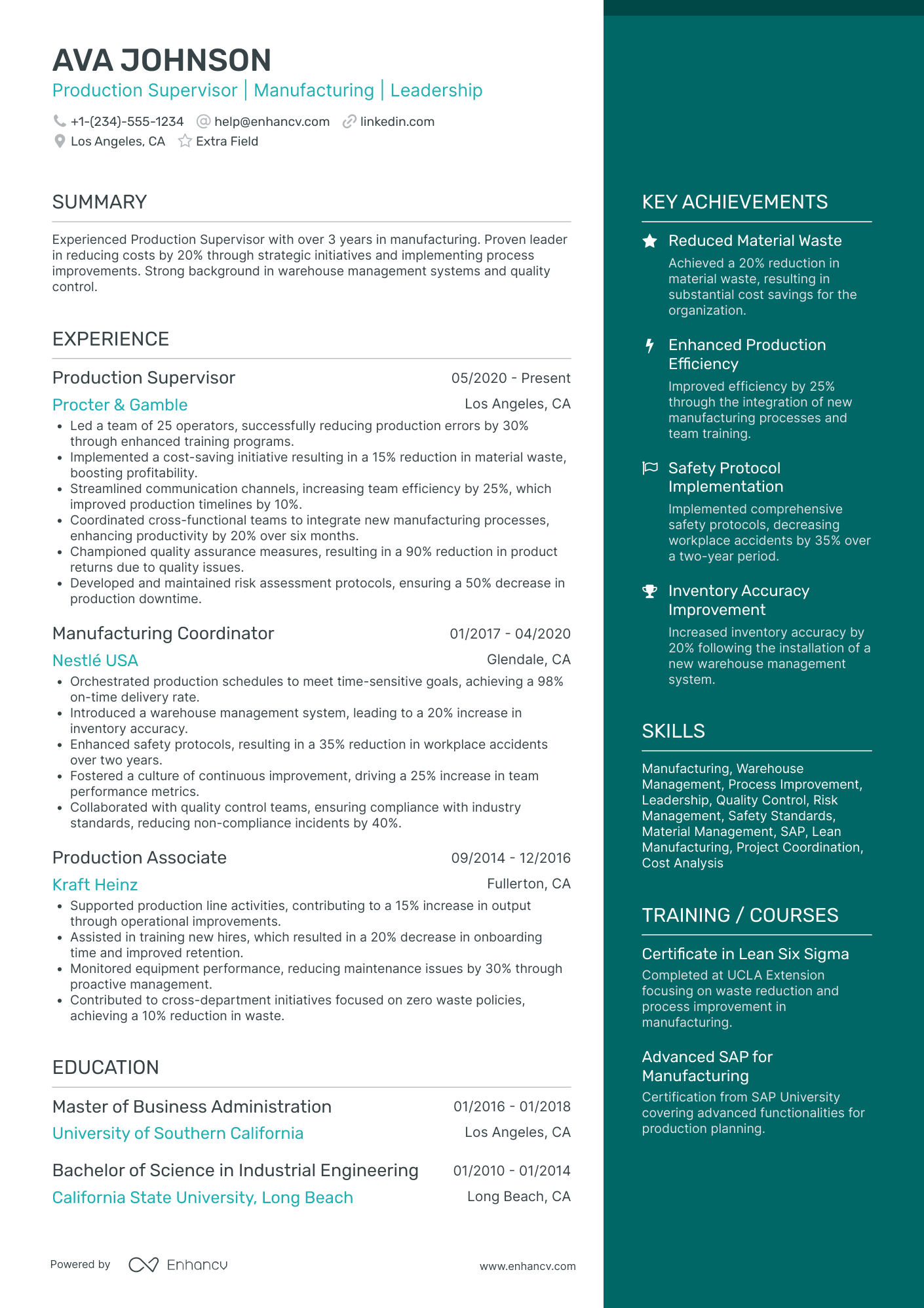 Production Supervisor Resume Example