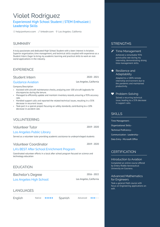 Experienced High School Student Resume Example