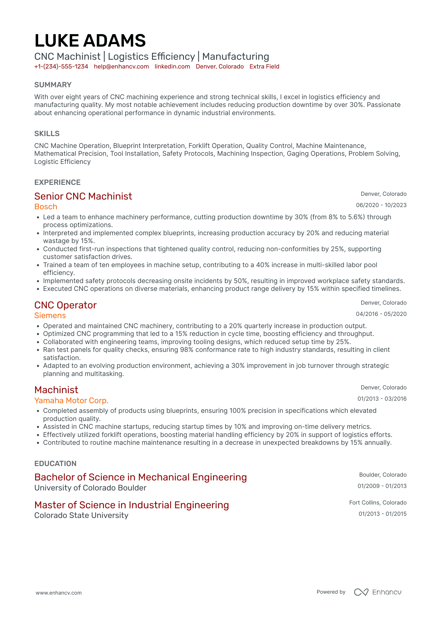 CNC Machinist Specialist Resume Example