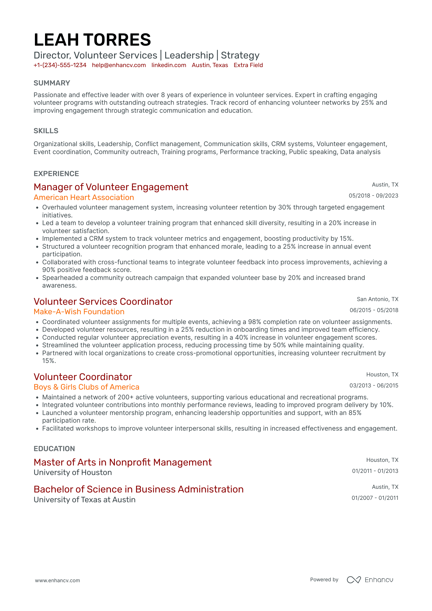 Volunteer Services Director Resume Example