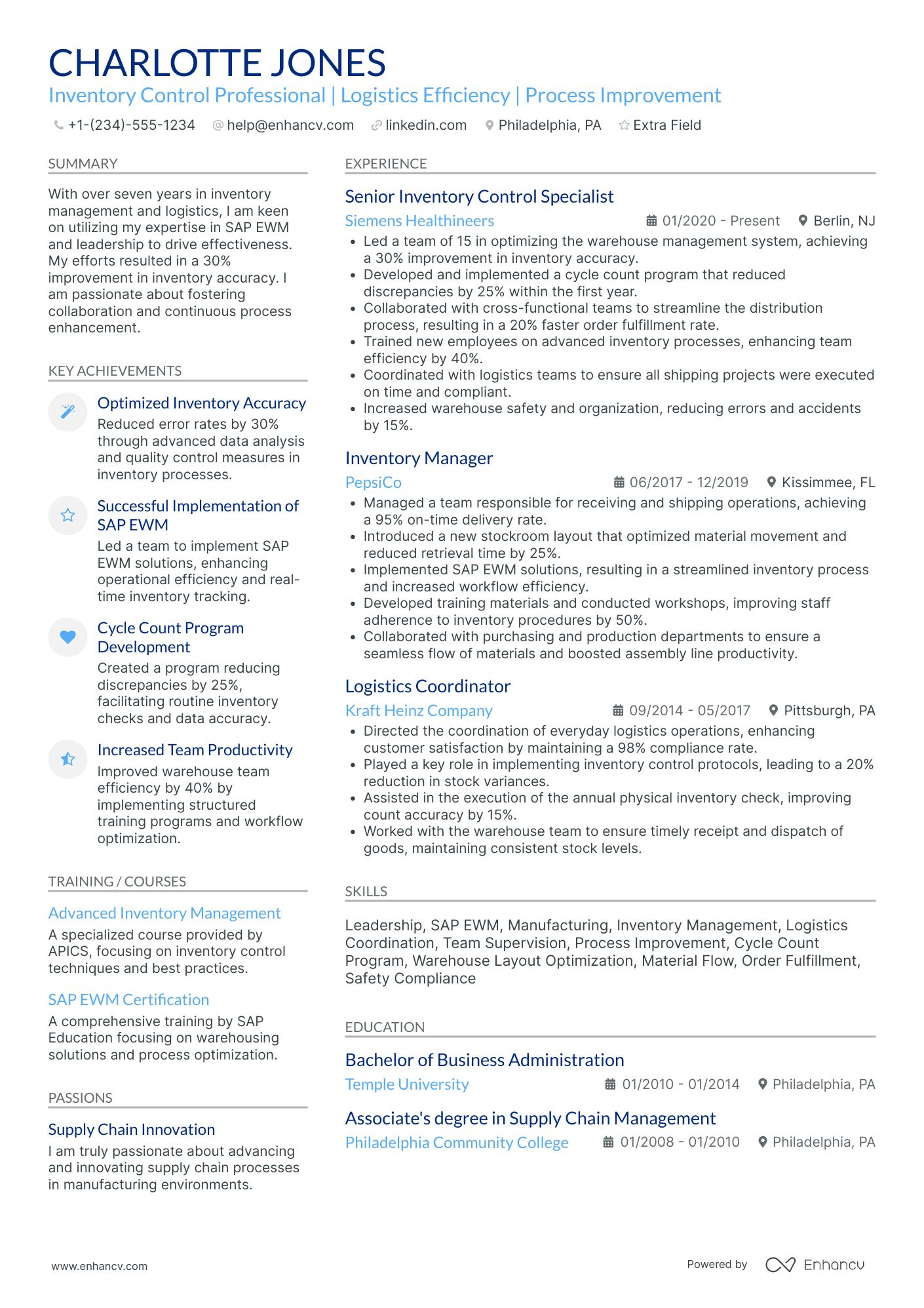 Inventory Control Supervisor Resume Example