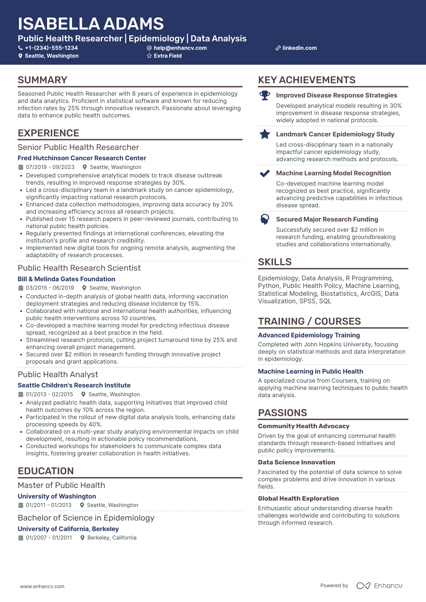 Public Health Researcher Resume Example