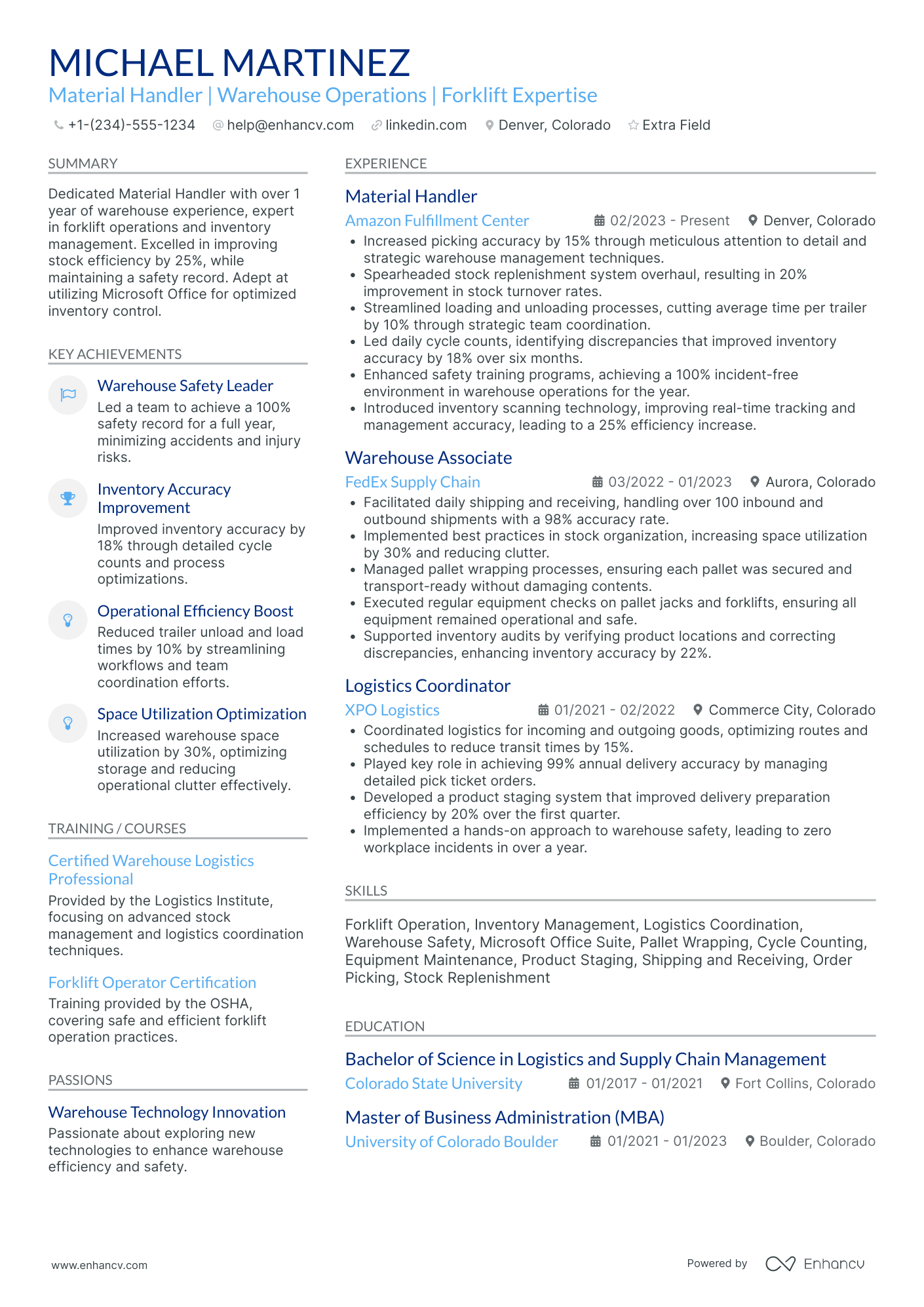 Forklift Material Handler Resume Example