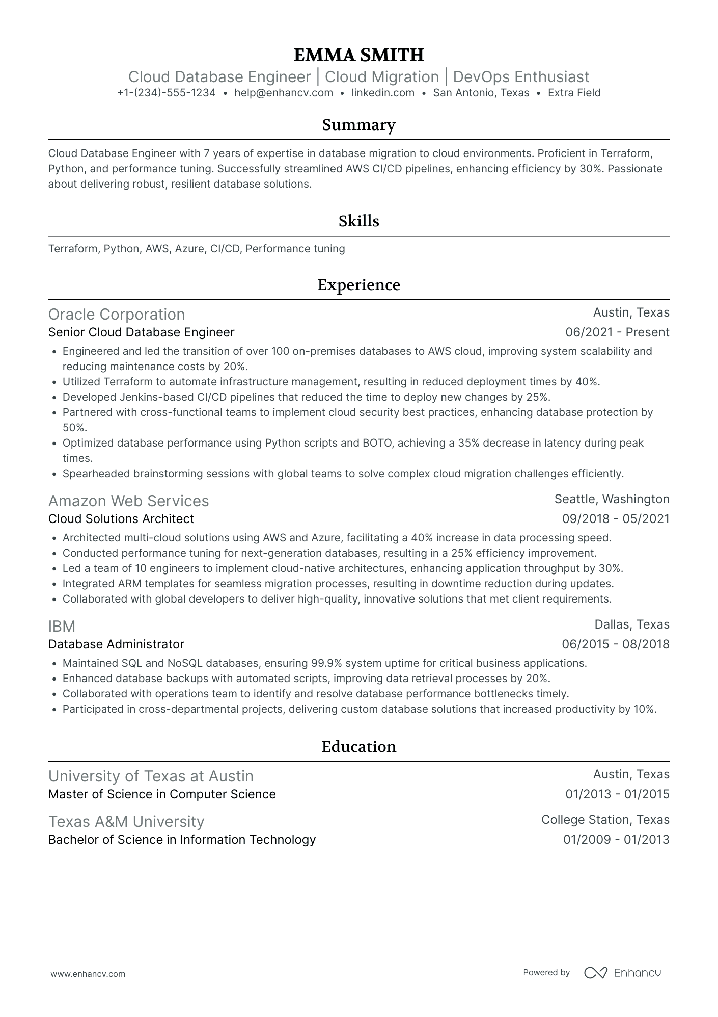 Cloud Database Engineer Resume Example