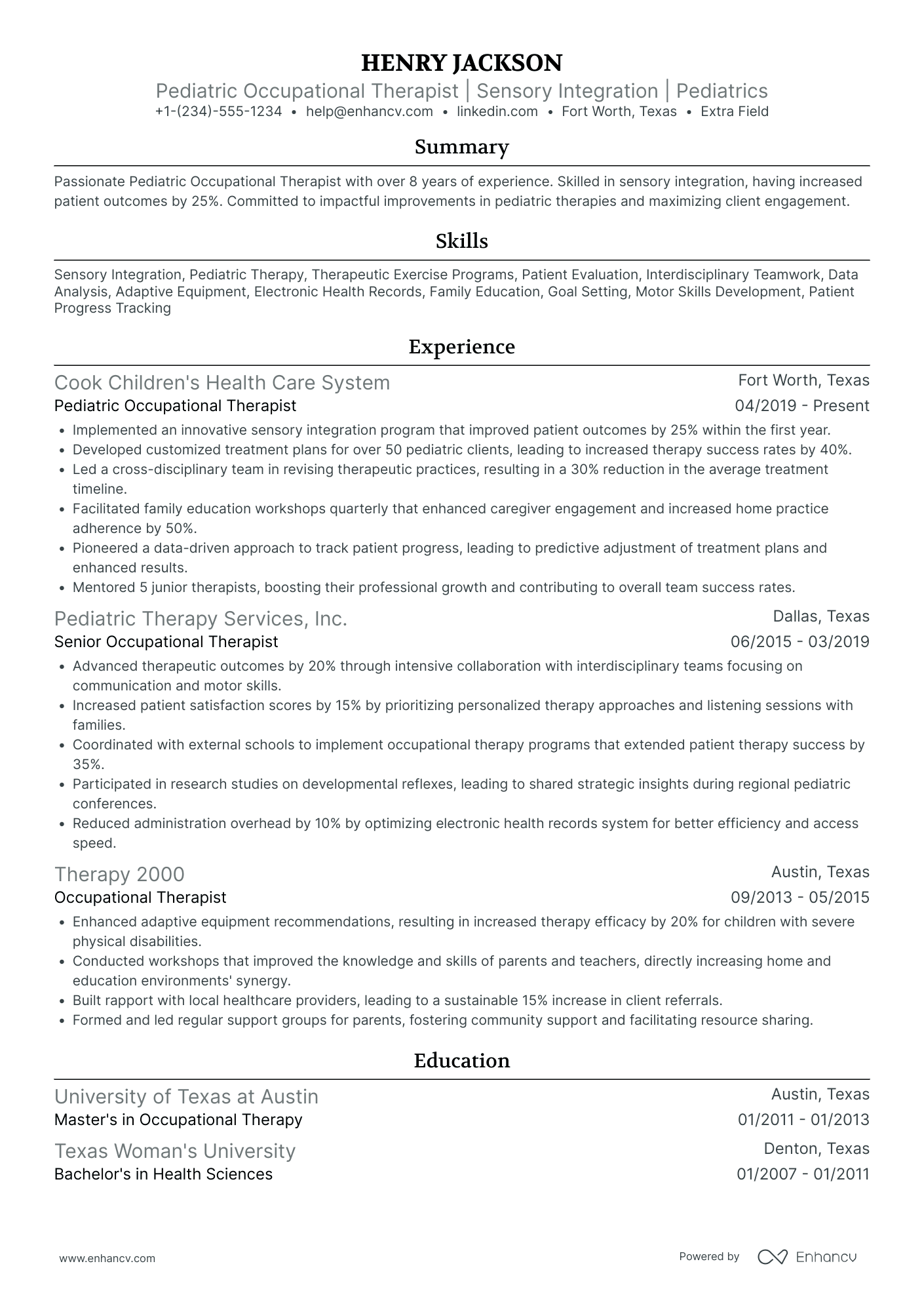 Pediatric Occupational Therapist Resume Example