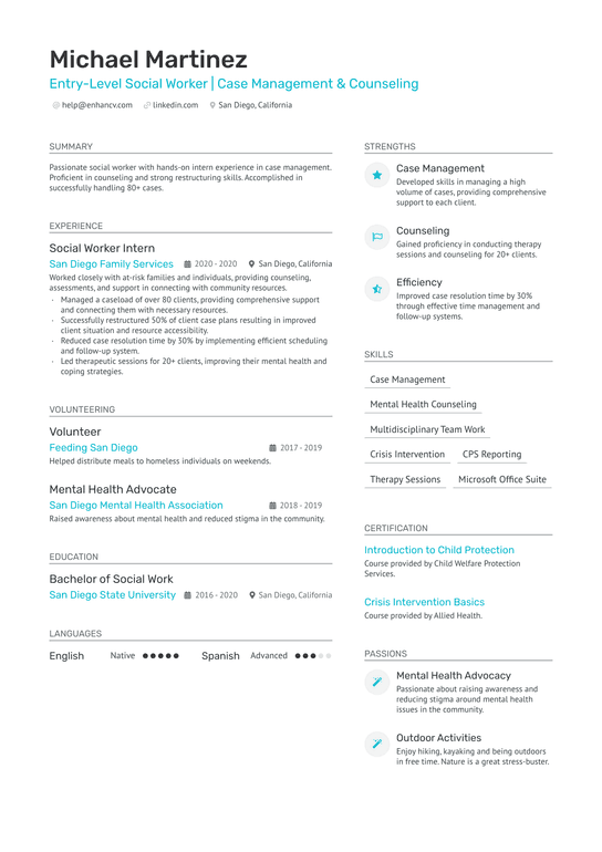 Entry Level Social Worker Resume Example