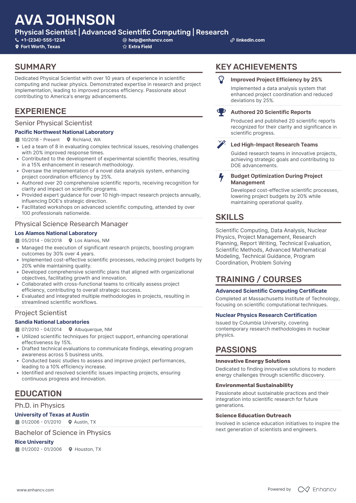 US Department of Energy Research Scientist Resume Example