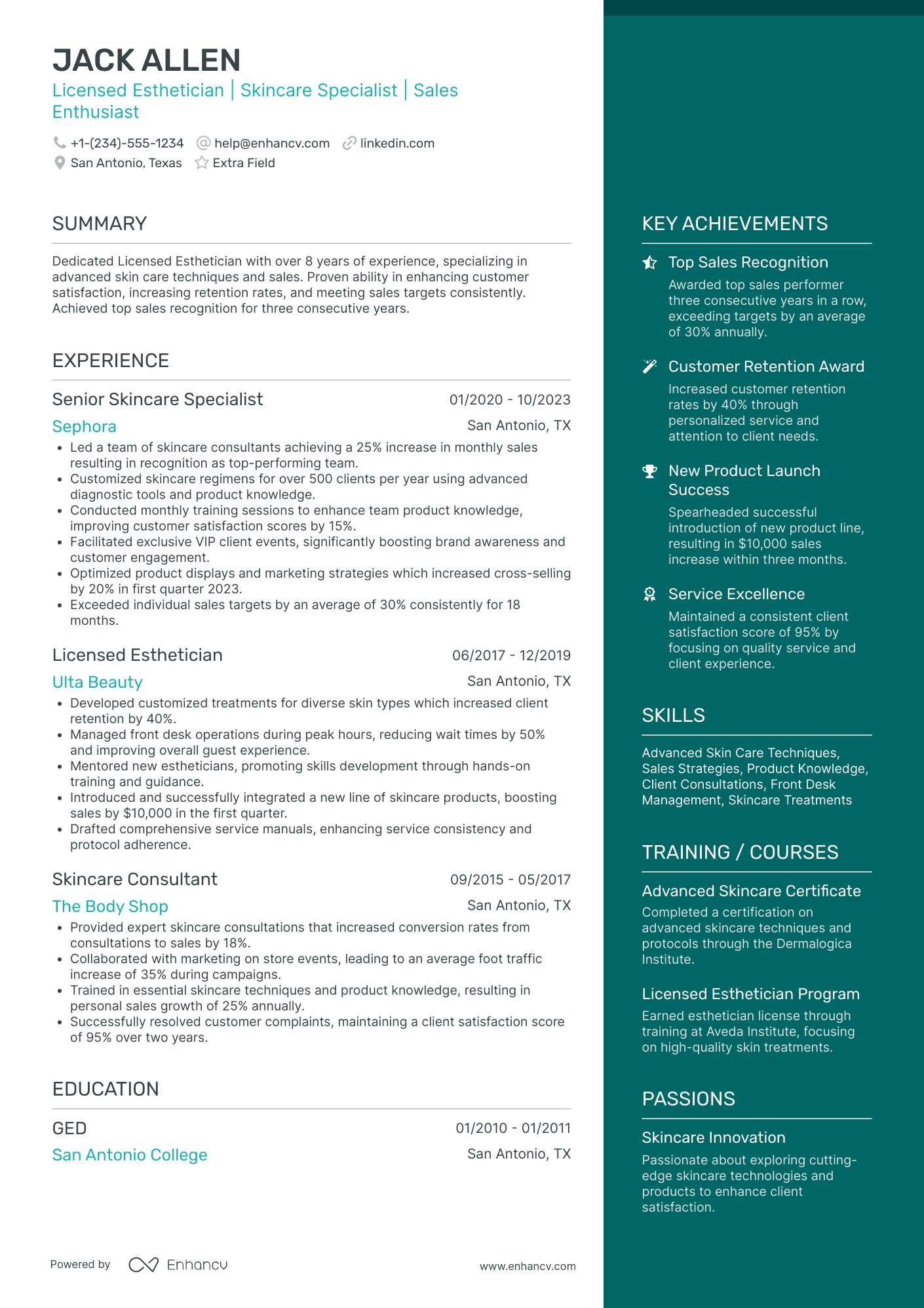 Senior Esthetician Resume Example